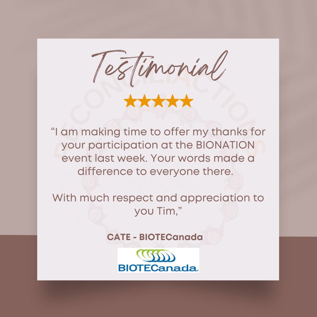 Grateful for the heartfelt testimonial from Cate at BIOTECanada
“I am making time to offer my thanks for your participation at the BIONATION event last week. Your words made a difference to everyone there.
With much respect and appreciation to you Tim,”
#ReconciliActionS
#ClientTestimonial
#Reconciliation
#IndigenousVoices
#Gratitude
#Inspiration
