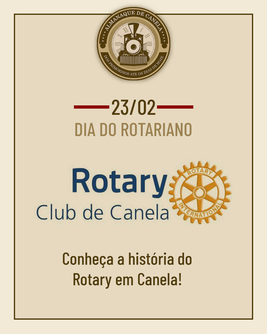 🎉 Hoje é o Dia do Rotariano!
Celebrado em 23 de fevereiro, a data marca a primeira reunião do Rotary International. Mais do que uma homenagem, é um reconhecimento aos valores que guiam os rotarianos: liderança, ética e compromisso com o bem comum.
👏 Parabéns a todos que fazem a diferença todos os dias!
💙 Conheça a história do Rotary em Canela!
#DiaDoRotariano #RotaryInternational #ServirParaTransformar #Liderança #Compromisso #RotaryClub #Canela #juntossomosmaisfortes💪
