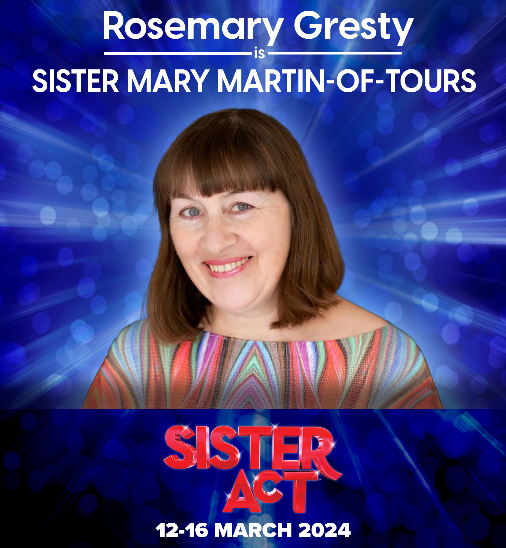 Next in the meet the nuns series is Rosemary, playing the hilarious Sister Mary Martin-of-Tours. See Rosemary embrace the wonderfully witty senility of one the more mature nuns in the convent at the Stoke Rep from 12-16 March. Book Now at www.nsosltd.org/sisteract
I have performed in plays and musicals in this area since 1979. I’ve been lucky in playing Blanche - A Streetcar Named Desire, Brooke -Noises Off, Florance -Florence Foster Jenkins, regarded as the world's worst opera singer. Sister Mary Theresa has to be the oldest and most decrepit of the nuns although amazingly she manages to keep up with the others in all the dance routines! She was a young women who lost her finance when America entered the WW1. Coming from an Irish Catholic family, her faith gave her comfort and so she felt compelled to take holy orders. It is wonderful to return to NSOS. I still remember my excitement at playing Lottie in the ‘84 production of Mack and Mabel and the privilege of lead Tap dancer in Tap Your Troubles Away. Other credits include: Sally Bowles in Cabaret, Sarah Brown in Guys and Dolls & Mother Superior in NSOS’s Sister Act, 2015. It is fascinating to experience this show from a different perspective