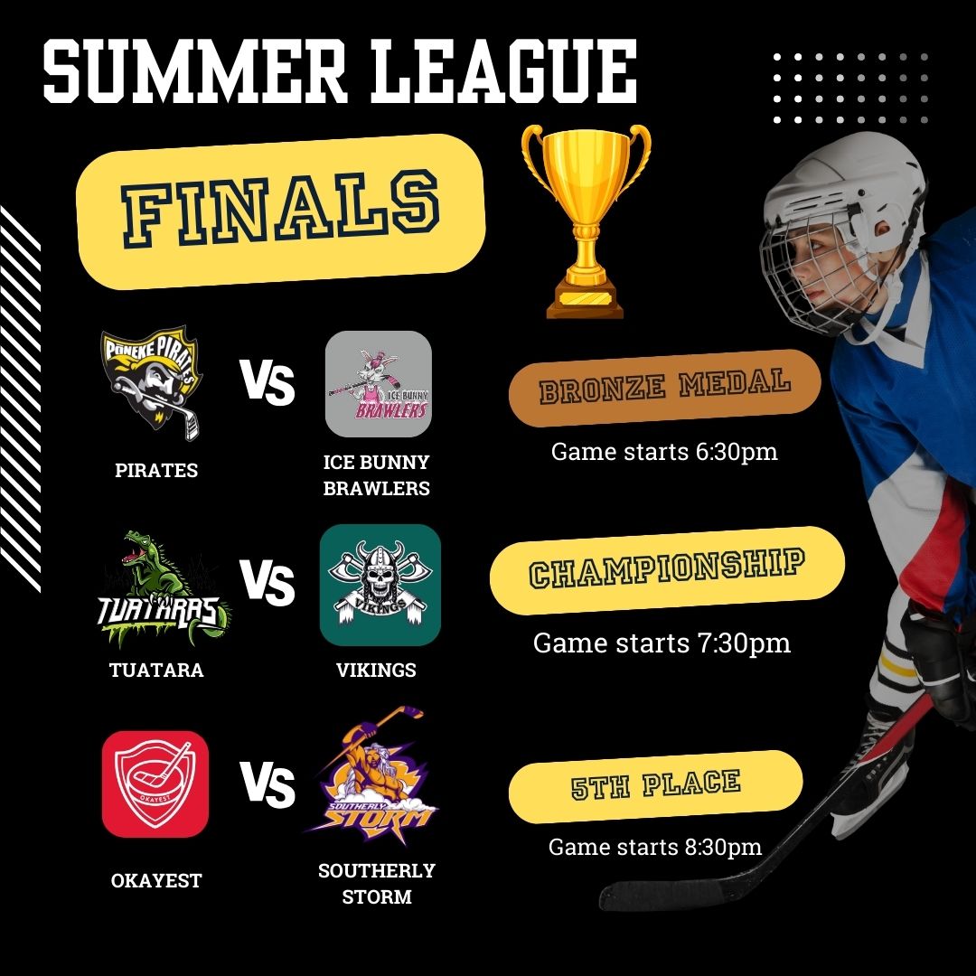 🏒 Summer League Finals – Tomorrow Night!
The stage is set, and the battles are about to begin! After an intense semi-finals (including a shootout thriller from the Vikings! 😱), it all comes down to tomorrow night – Thursday, Feb 13th!
💥 The Lineup:
🏅 Bronze Medal Game – Pirates 🏴☠️ vs. Bunnies 🐰 – 6:30 PM
🏆 Championship Final – Vikings ⚔️ vs. Tuatara 🦎 – 7:30 PM
🔥 5th Place Showdown – Storm ⛈️ vs. Okayest 🤷♂️ – 8:30 PM
Come down, bring the noise, and cheer on the teams as they battle for summer league glory! Who's taking home the championship? Who's grabbing the bronze? And who will take home the wooden spoon (last place)😳
Let’s pack the rink and send this season off with a bang!