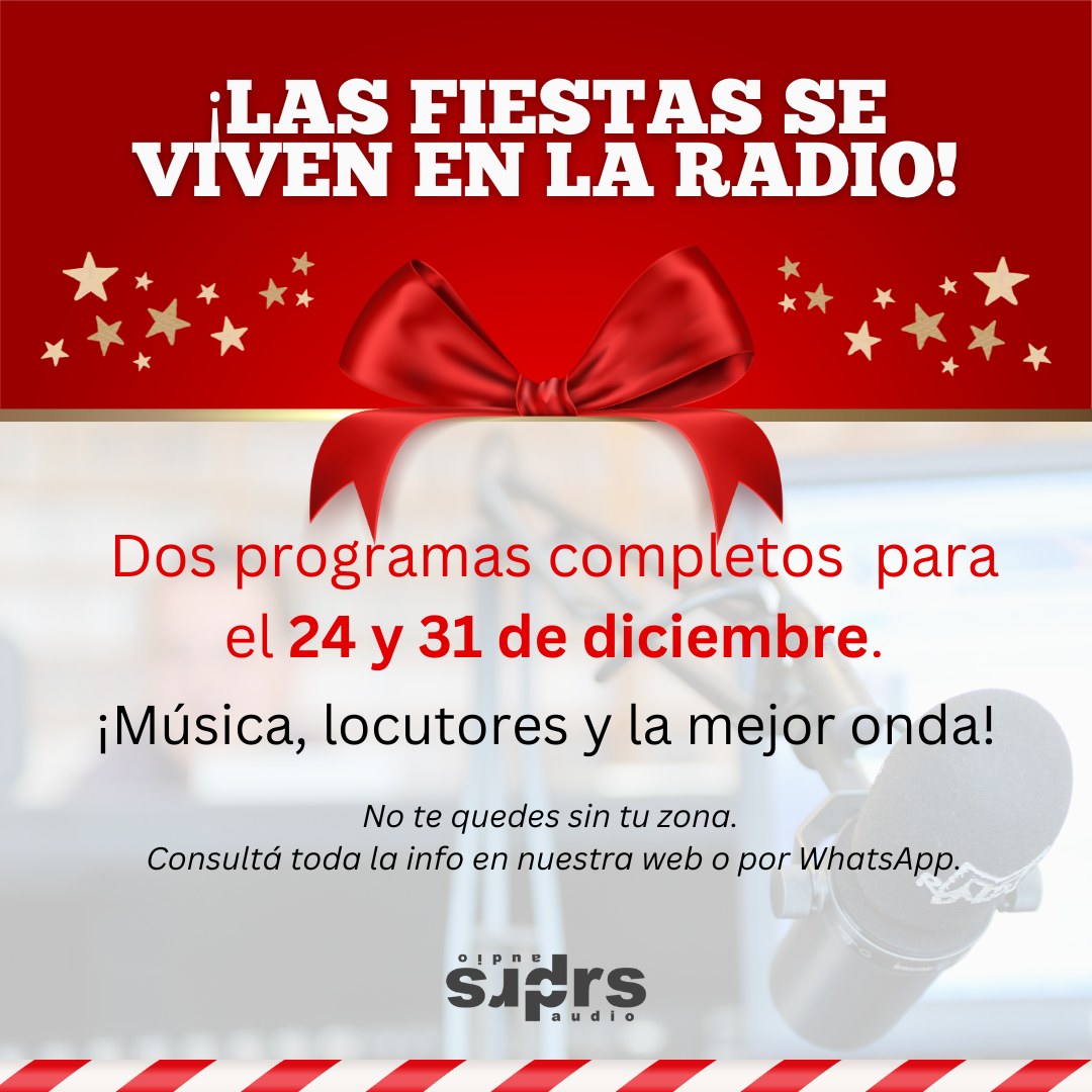 🎅🎧 ¡La magia de las fiestas ya llegó! ¡Reservá "Al Gran Pueblo Argentino, Salud!" para el 24 y 31 de diciembre! 6 horas de música y emoción con dos conductores que saben cómo hacer brillar las fiestas.
🔥 Consultá por los estilos que mejor se adapten a la onda de tu radio
➡️ Reservá YA tu zona y sumate a la experiencia #PRSAUDIO.
📲 Consultas por WhatsApp: +543413001261