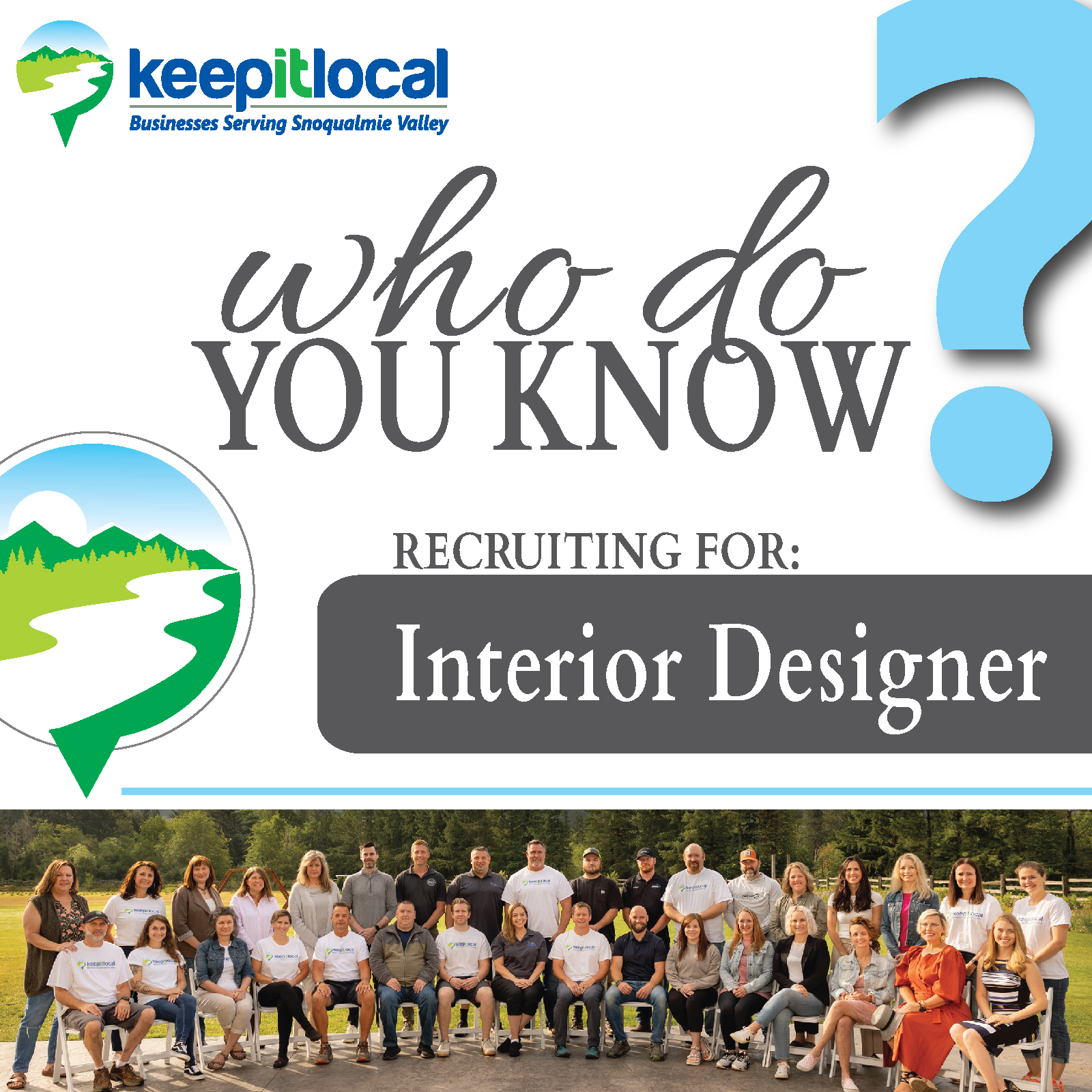 Keep It Local Snoqualmie Valley is a local networking group of 40+ Professionals here in the Valley. We are currently seeking a local Interior Designer to join our group. If you are or know of an Interior Designer, please reach out to membership@keepitlocalsnovalley.com
Learn more about KILSV here: www.keepitlocalsnovalley.com