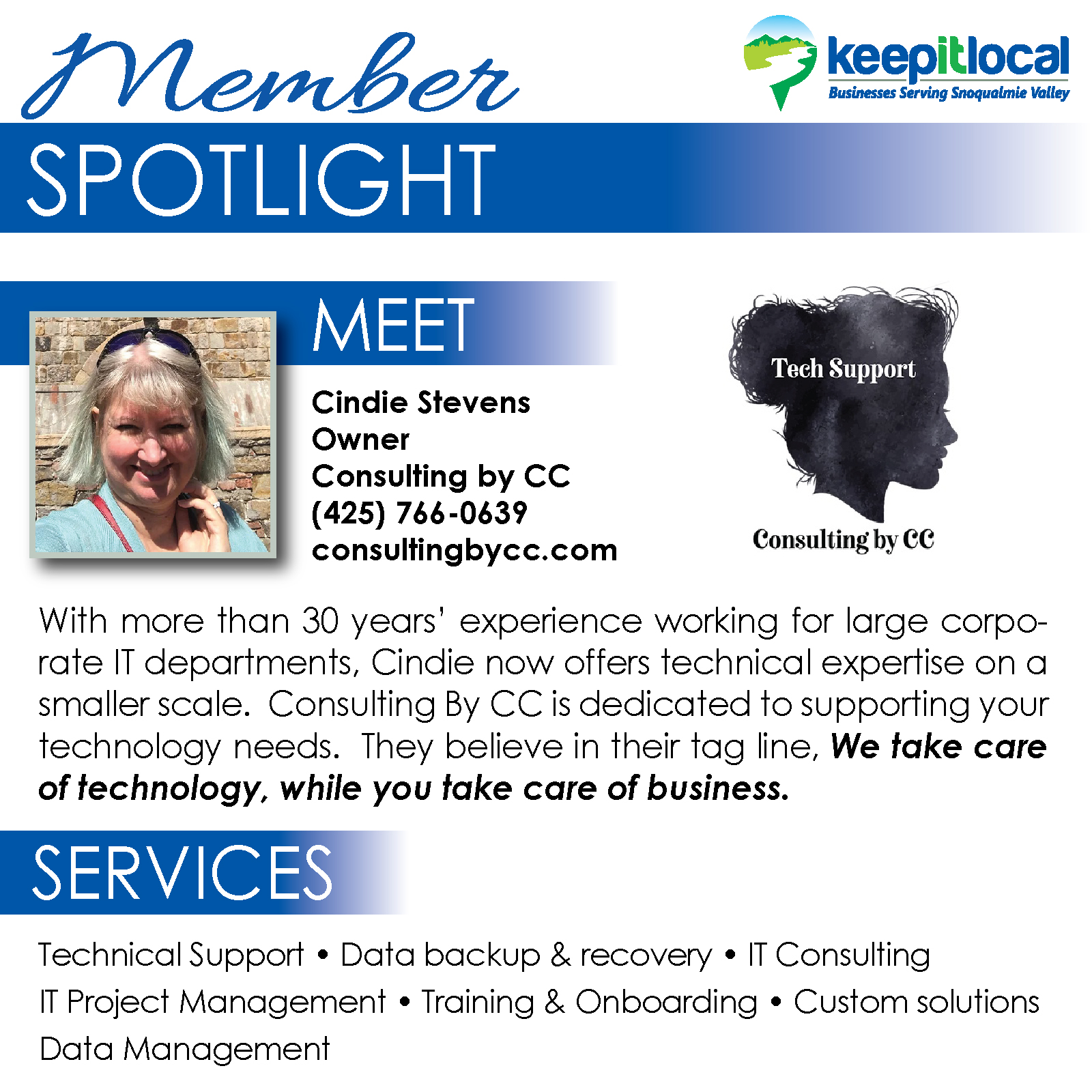 Our Member Spotlight this week is Cindie Stevens with Consulting by CC. Cindie has been in the Valley for over 27 years and specializes in helping individuals and small businesses with their IT needs. If you’re looking for help and/or advice in the technology area, give Cindie a call!
https://consultingbycc.com