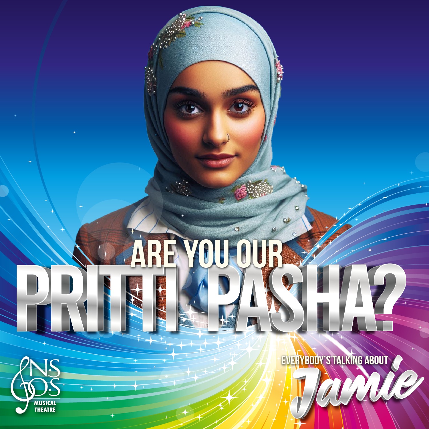 Are you our Pritti?
REGISTER FOR OUR OPEN AUDITIONS!
Pritti is Jamie's close friend and classmate, from a traditional muslim family and known for her intelligence, kindness, and unwavering support. She's the moral compass of the group, standing by Jamie through thick and thin and offering him encouragement and solidarity as he pursues his dreams of drag. Pritti's friendship represents acceptance, diversity, and the power of standing up for what's right.
We are an open society and we welcome performers 16yrs and over representing a variety of ethnicitities and background to audition.
Register now at: https://www.nsosltd.org/open-auditions