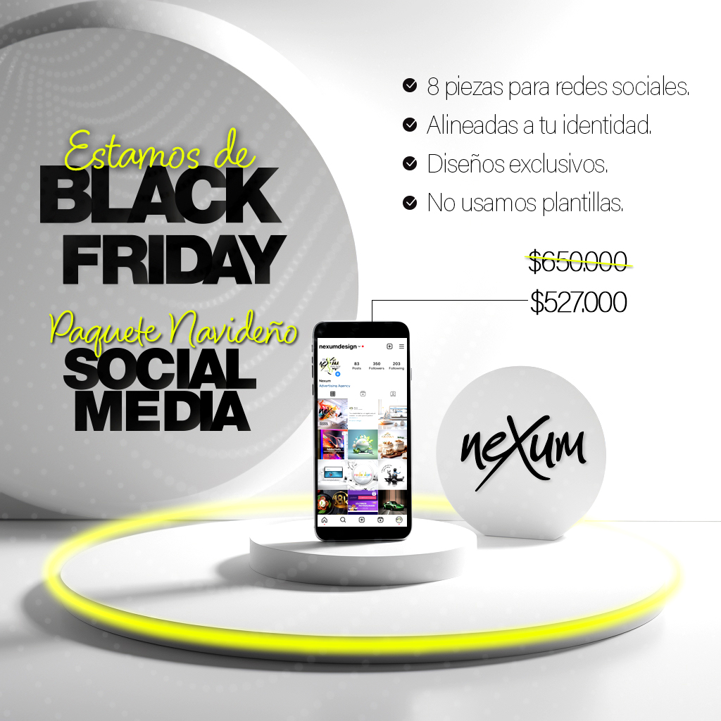 ¡En Nexum estamos de Black Friday! 🖤Adquiere nuestro paquete navideño para redes sociales por $527.000🎁.
✅8 piezas digitales para navidad: Diciembre, Velitas, Novenas, Navidad, Felices Pascuas, Fin de año, Año nuevo y Reyes.
✅Alineadas a tu imagen corporativa.
✅Diseños exclusivos y personalizados.
✅No usamos plantillas de ningún tipo.
Ingresa ahora a nuestra página web www.nexum.com.co y adquiérelo con un sólo click. Más información: 3157909090.
*Oferta válida hasta el 30 de noviembre de 2023. Aplican términos y condiciones.
#socialmedia #blackfriday #redessociales #cybermonday #diseñodigital #digitaldesign