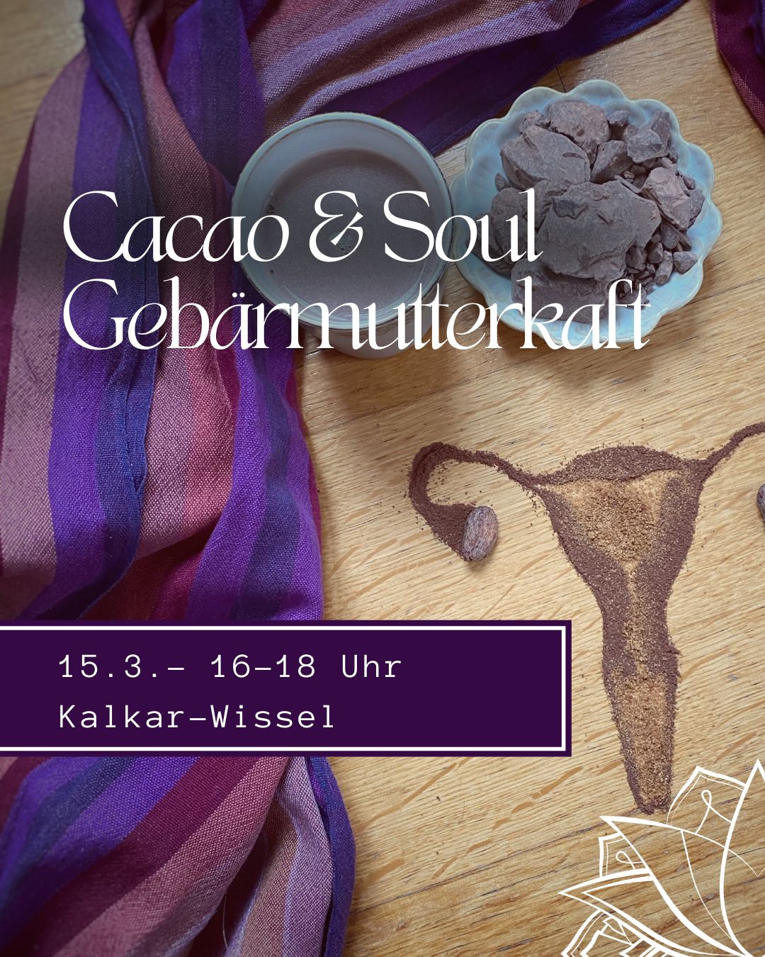 Wusstest du, dass deine Gebärmutter ganz besonders ist? Deine Gebärmutter ist nicht nur ein ganz besonderes Organ, sondern ein wundervoller Kraftraum. Ein sehr fühlender Kraftraum, der deine Schöpferinnenkraft in sich trägt.
Schon ganz bald findet das erste Cacao Ritual in diesem Jahr statt. Am 15.3. wollen wir Mama Cacao einladen in unseren Kreis um unsere Herzen zu öffnen, damit wir in Spüren kommen, um uns mit unserer Gebärmutter zu verbinden, sie erwecken und in ihre Kraft eintauchen.
Auch wenn du vielleicht aus gesundheitlichen Gründen keine Gebärmutter mehr besitzt, energetisch bleibt sie für immer in dir erhalten und du kannst genauso mit ihr Kontakt aufnehmen und gemeinsam mit ihr in deine Kraft finden.
Du bist zu diesem Cacao Ritual so eingeladen wie du bist - du brauchst keine Vorkenntnisse oder Vorbereitung. Erlebe ein Cacao Ritual mit hochwertigem Rituellen Cacao, erfahre mehr zu deiner Gebärmutterkraft und spüre das wunderbare Gefühl gehalten zu sein im Frauenkreis.
Anmelden kannst du dich online - Link in der Bio - und so deinen Platz im Kreis einnehmen.
Hast du noch Fragen zum Cacao Ritual? Dann melde dich gerne bei mir!
CACAORITUAL
GEBÄRMUTTER
CACAO
RITUAL
FRAUENKREIS