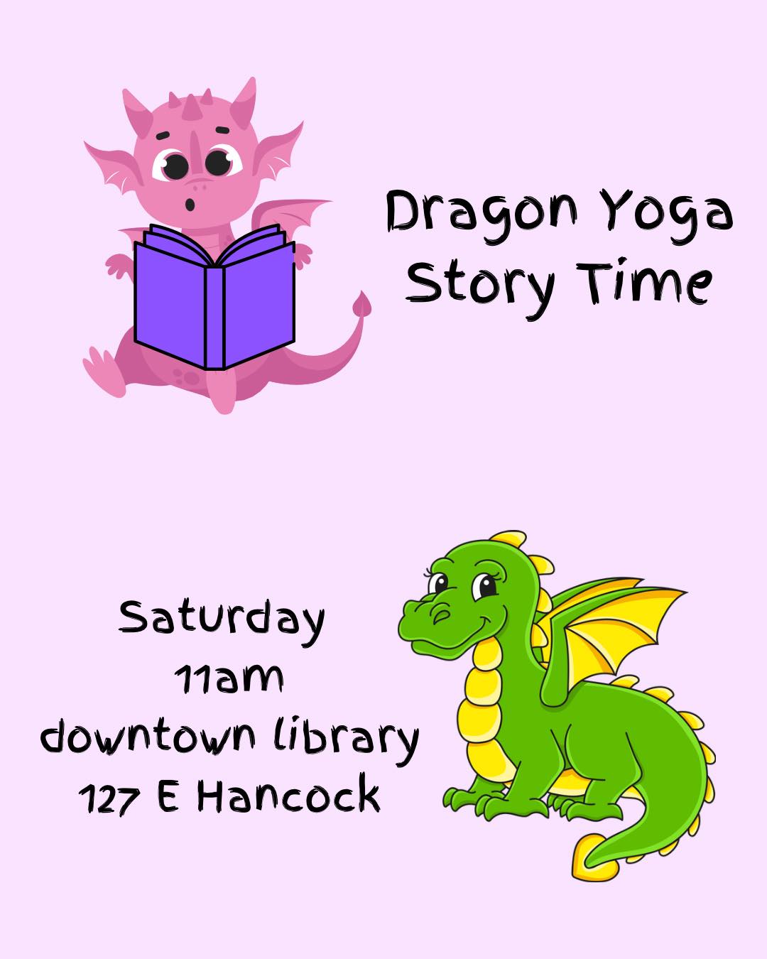 Come meet two of the dragons from the upcoming GC performance of Dragons Love Tacos at story time yoga this Saturday (the 29th) at 11am in the Hancock Branch Library located at 127 E Hancock. We will move, we will roar, and we will read 🧘📖💕
#yoga #adventuresinyoga #healthyhabitsstartyoung #childrensyoga #adventureyoga #healthyhabitsstartearly #kidsyoga #storytimeyoga #storytimeyogafun #storytimeyogaforkids #healthybodyhealthymind #healthybody #keepgrowing #yogaadventures #dragons #Dragon #dragonstorytime #dragonslovetacos #dragonslovebooks