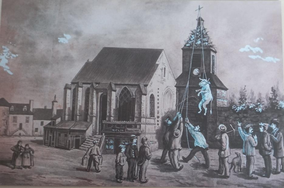 En ce jour, voici la quatrième et sûrement la plus célèbre des légendes que l'on souhaite vous conter.
La Vache sur le clocher
- C'est ti malheureux de laisser perdre de la si boune harbe sû le clocher!
- Ben voui, mais pas moyen de la faucher
- Moutons-y la vache à Glaudon all'va bentous broutée!
La carte représente fidèlement la place de l'église, y compris les boutiques accolées au monument. On dit à St Saulge que cette année fût une année de grande sécheresse, dont l'herbe rare, que l'on fit la réflexion que celle qui poussait sur l'église était perdue. D'où l'idée d'y monter une vache. Chaque année en mai, une vache est effectivement hissée sur le clocher lors d'une fête populaire. La dénommée "Blanchette", en plâtre, reste perchée jusqu'en octobre. La tradition daterait de 1914.
En parlant de fête et de la montée de la vache n'oubliez pas le vendredi 30 mai de vous réunir autour de Blanchette pour qu'elle retrouve ses quartiers d'été! #légendes #legendesurbaines #coeurdunivernais #folklore #traditions