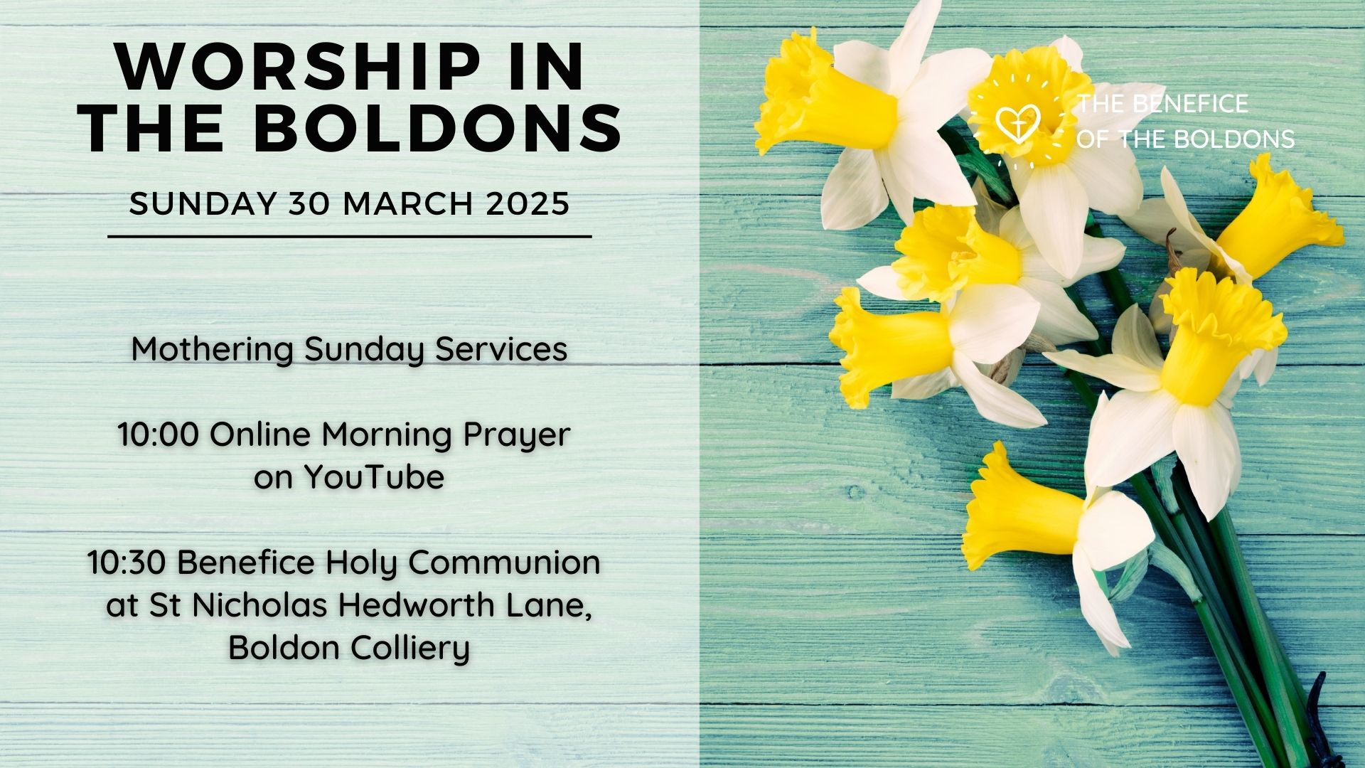 Worship for Mother's Day in the Benefice of the Boldons.
This week we're all together for our Mother's Day service at 10.30 at St Nicholas Boldon Colliery. Parking will be available on the school yard.
Online worship will hit our YouTube channel at 10.00 as usual and is available all week long. https://youtu.be/XsFDwDI7hBc