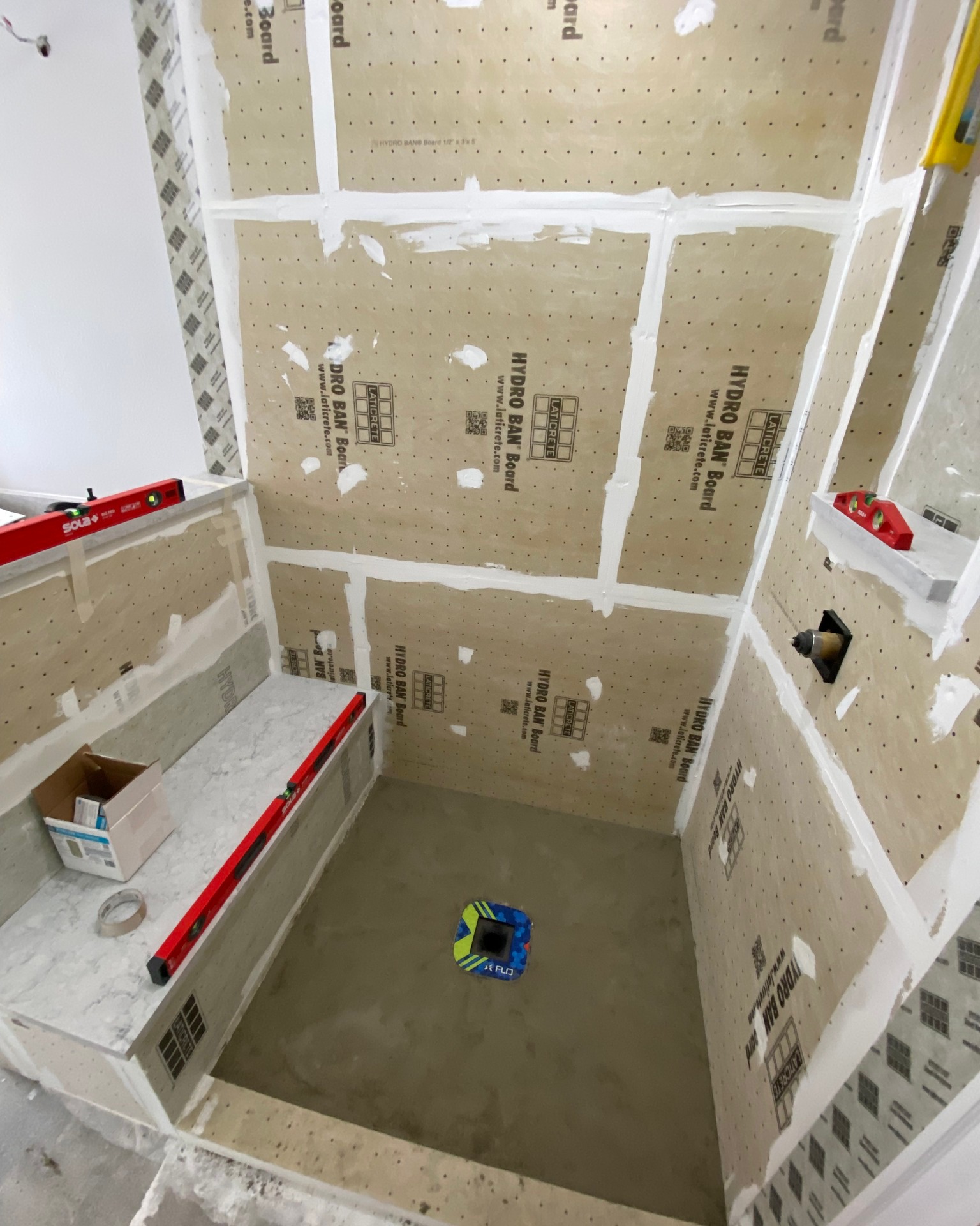 Some prep work at the Nottingham Project. My pans are always constructed with drypack mortar, and then topically waterproofed with Hydroban fabric corners, banding, and sheet membrane. Once again...I didn't get good pictures throughout this project. Hopefully you'll still enjoy the ones I did manage to take.
#abovestandardsllc #laticrete #hydroban #waterproofshowers #homeremodeling #remodeling #bathrooomremodeling #bathrooms #customshowers #showers