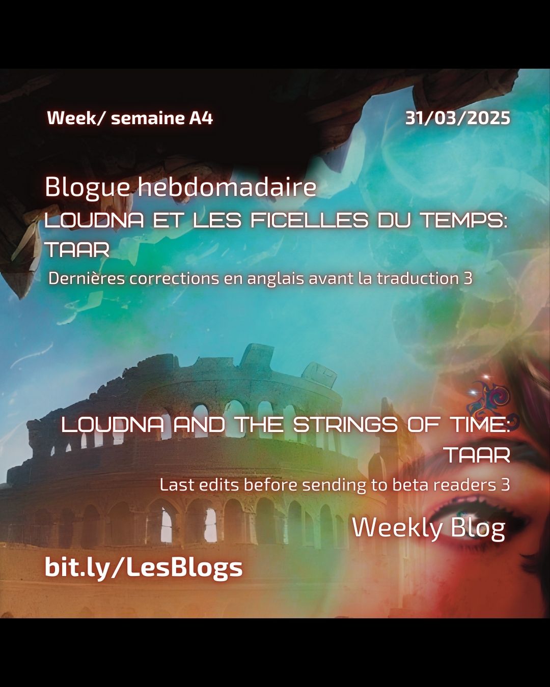 The blog is out! The anatomy of a novel, back to week A. Discover the writing process; follow the progress as I edit and translate Lounda and the Strings of Time: Taar from the quantum Academy series. Read the next excerpt from Homecoming from the Guardian Child series
https://bit.ly/LesBlogs
Le blog est là! L’anatomie d’un roman, retour de la semaine A. Découvrez le processus d’écriture, suivez la progression de la correction et de la traduction de Loudna et les ficelles du temps : Taar, premier livre de la série de l’Académie Quantique. Lisez la suite de l’extrait du court roman Retour au bercail un court roman de la série de l’Enfant-Gardien.
#abalabee #ancilians #sciencefantasy #fictionblogs #blogfiction