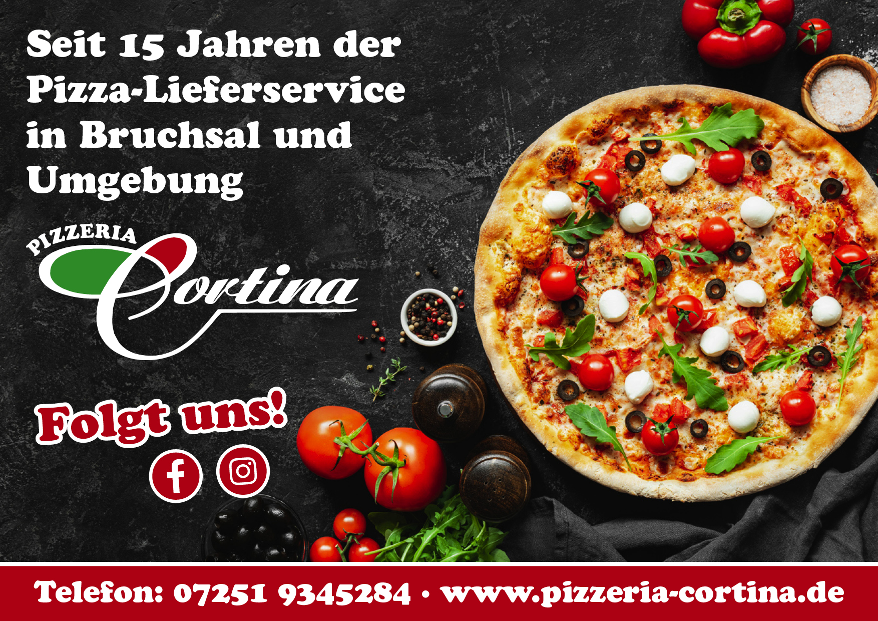 Liebe Kunden,
wir haben vom 24.12. bis 26.12.2023 sowie vom 31.12. bis 02.01.2024 geschlossen.
Wir wünschen allen ein frohes und erholsames Weihnachtsfest und einen guten Rutsch ins Jahr 2024.
Euer Team von Pizza Cortina.