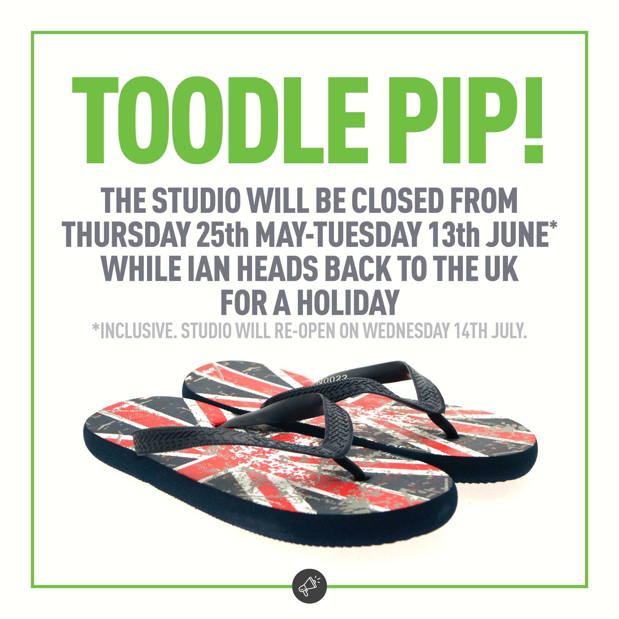 Oooops... bit of a typo in the post. Studio will actually be open again on 14th JUNE (not July!)
The studio will be closed from Thursday 25th May til Tuesday 13th June (inclusive) while Ian heads back to the UK to visit family. He will be available for some rush work while away if necessary. The studio will re-open on Wednesday 14th June.
#holidaytime #uk #family