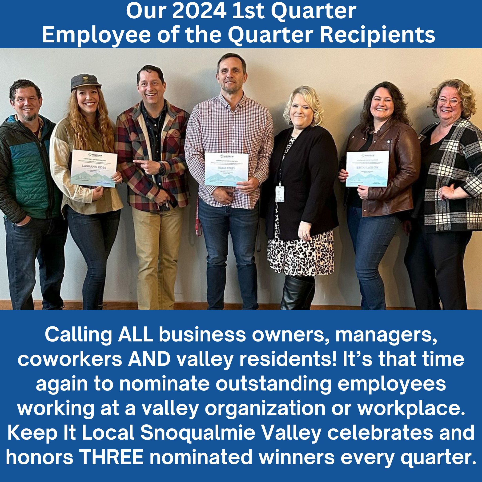 𝙉𝙤𝙢𝙞𝙣𝙖𝙩𝙞𝙤𝙣𝙨 𝙙𝙪𝙚 𝙣𝙤 𝙡𝙖𝙩𝙚𝙧 𝙩𝙝𝙖𝙣 𝙎𝙚𝙥𝙩𝙚𝙢𝙗𝙚𝙧 12𝙩𝙝!
𝗛𝗲𝗹𝗽 𝘂𝘀 𝗰𝗲𝗹𝗲𝗯𝗿𝗮𝘁𝗲 𝗮𝗻𝗱 𝗵𝗼𝗻𝗼𝗿 𝗧𝗛𝗥𝗘𝗘 𝗲𝘅𝗰𝗲𝗽𝘁𝗶𝗼𝗻𝗮𝗹 𝘃𝗮𝗹𝗹𝗲𝘆 𝗲𝗺𝗽𝗹𝗼𝘆𝗲𝗲𝘀.
This is your chance to recognize and celebrate those working their magic in Snoqualmie, North Bend, Fall City, Carnation or Duvall. Whether it's a colleague who has gone above and beyond, a volunteer who has made a significant impact, or an innovative project that deserves the spotlight, now is the time to submit your nominations. The process is simple: just fill out the nomination form, provide a brief description of why your nominee deserves recognition, and submit it by the 9/12/24. Let's come together to honor those who inspire and make a difference. Don't miss this opportunity to shine a light on excellence!
Learn more and nominate an employee by going to our website and clicking on Community Engagement. www.keepitlocalsnovalley.com
#localbusiness #community #celebrate