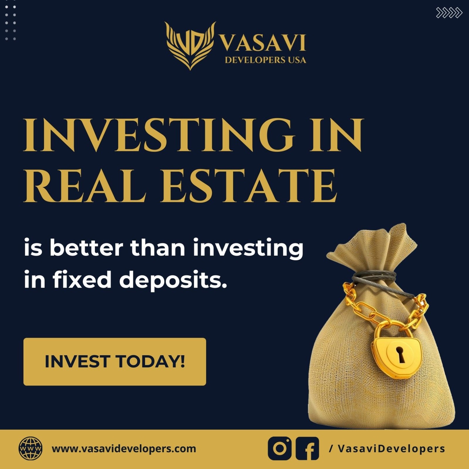 Embark on a journey of lucrative real estate investment opportunities with Vasavi Developers USA.
Contact Vasavi Developers USA and Letโs grow together for better future.
Visit www.vasavidevelopers.com to know more.
#VasaviDevelopers #VasaviDevelopersUSA #LetsGrowTogether #RealEstateInvesting #RealEstate #RealEstateInvestment #Investing #RealEstateExperts #Investment
