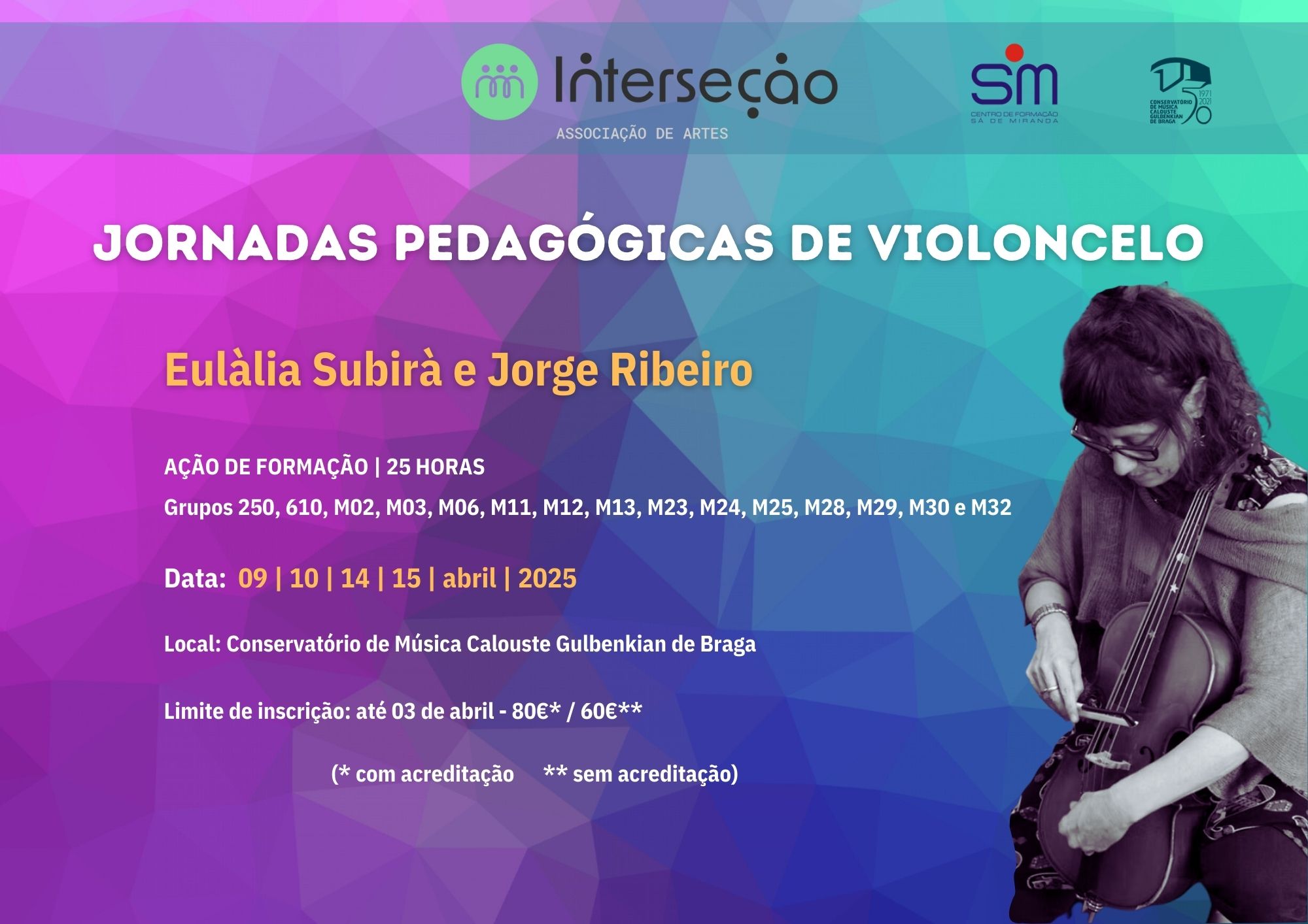 👋👋👋Bos días, soncelleros. Hoxe compartímosvos unha actividade moi interesante. Son unhas xornadas pedagóxicas de violoncelo impartidas por Eulàlia Subirà e Jorge Ribeiro no Conservatorio de Música Calouste Gulbenkian de Braga (Portugal). Terán lugar entre os días 9 e 15 de Abril
@ea.conservatorio.cg.aveiro