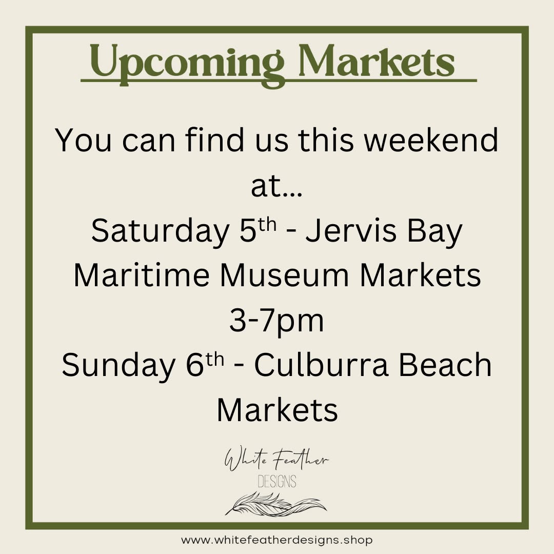 You can find us at Jervis Bay Maritime Museum Markets for their final twilight market until October. Always a great atmosphere with music and a bar.
Sunday you will find us at Culburra Beach Markets, both have a great range of stalls with items to interest everyone!
#WhiteFeatherDesigns #ShoalhavenMarkets #ArtisanSauces #LocalProduceNSW #SupportLocalShoalhaven #FlavourJourney #ShopLocalShoalhaven #HandcraftedGourmet