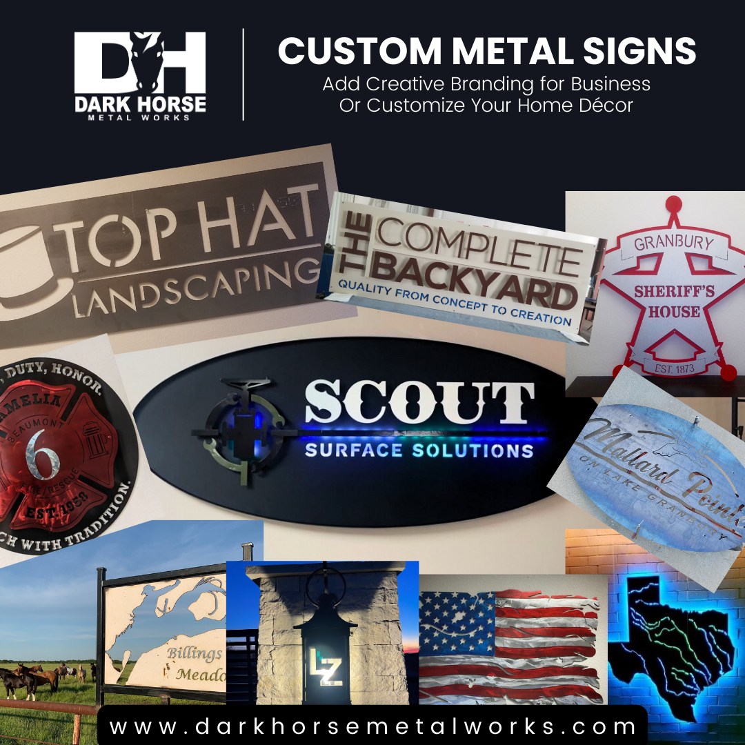 Add some individuality to you home or business with custom fabricated metal signage. from simple metal cutouts to intricate backlit ideas. Our team can help you create an original piece exclusive to you.
Learn more and contact us to request a quote at www.darkhorsemetalworks.com
#Welding #Fabrication #CustomMetalWork #ResidentialFabrication #BarnDoor #SlidingBarnDoor #CustomDesk #MetalFurniture #Handmade #Craftsmanship #HomeImprovement #InteriorDesign #IndustrialDesign #MetalArt #CustomBuilds #HomeDecor #MetalFabrication #WeldingLife #SteelDesign #MadeInUSA #supportyourlocalwelder #granburytx