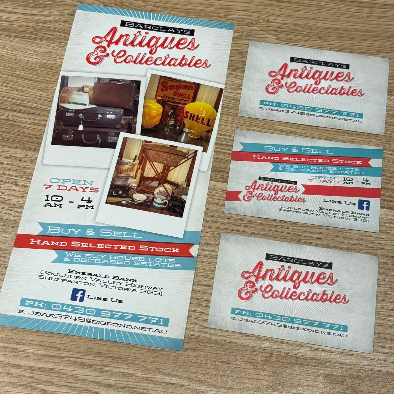 Have you been to Barclay's Antiques & Collectables?
This place is loaded with so many cool items.
Do yourself a favour and go see it for yourself, I guarantee youโll find something you fancy.
Thank you team Barclay for utilising Fleuron Studio services.
DL Flyer and Double sided Matt business cards.
#Barclays #fleuronstudio #lovewhatido #lovedesign #emerald #bank #emeraldbank #shepparton #sheppartonbusiness
