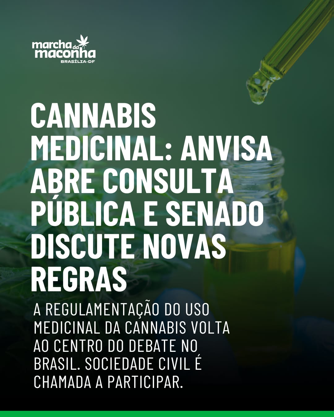 A Agência Nacional de Vigilância Sanitária (Anvisa) abriu no dia 28 de março uma nova consulta pública para revisar as normas que regulam o uso medicinal da cannabis no Brasil. A participação popular é bem-vinda: qualquer pessoa ou organização pode enviar sugestões ou críticas durante os próximos 60 dias.
Desde 2019, produtos à base da planta só podem ser adquiridos sob prescrição médica e com autorização especial. Agora, o objetivo é atualizar essas regras à luz dos avanços científicos e das demandas sociais.
No Congresso Nacional, o tema também avança. Um dos projetos de lei em tramitação autoriza o plantio controlado da cannabis por empresas e associações para fins exclusivamente medicinais — mantendo proibido o cultivo por pessoas físicas e o uso recreativo.
A discussão sobre a cannabis medicinal ganha força no país e envolve médicos, cientistas, parlamentares e pacientes que lutam por acesso seguro e eficaz a tratamentos com base em evidências.
🧬💬 O momento é de escuta e construção coletiva. A consulta pública está disponível no site da Anvisa.
🗣 Se inscreva em https://pesquisa.anvisa.gov.br/index.php/162726?lang=pt-BR
