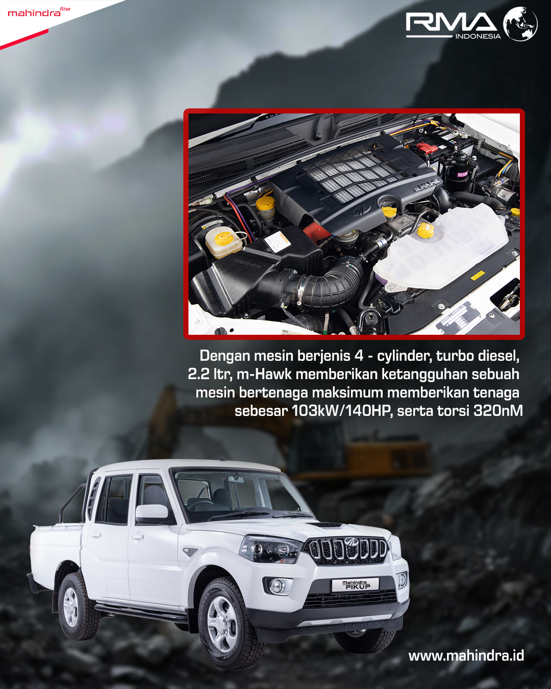 Ketangguhan mesin m-Hawk 2.2L turbo diesel hadir untuk para pejuang jalanan sejati.
Dengan tenaga maksimum 140 HP dan torsi 320 Nm, Mahindra Pikup siap menaklukkan medan berat tanpa kompromi!
🔧 4-cylinder turbo diesel
💪 103 kW (140 HP)
⚙️ 320 Nm torsi maksimal
📍 Kunjungi dealer Mahindra terdekat dan rasakan kekuatan sejati di balik kemudi!
#MahindraIndonesia #MahindraPikup #DieselPower #MobilTangguh #OtomotifIndonesia #MahindraScorpio #PikUpKeren #MahindraIndonesia #YourPartnerInSuccess #RMAIndonesia #mahindra4x4 #mining #plantation #farming #miningindonesia #minerals #coal #tambang #sobatenergi #ESDM #miningexpo #agriculture #agriculturelife #tipsandtrick