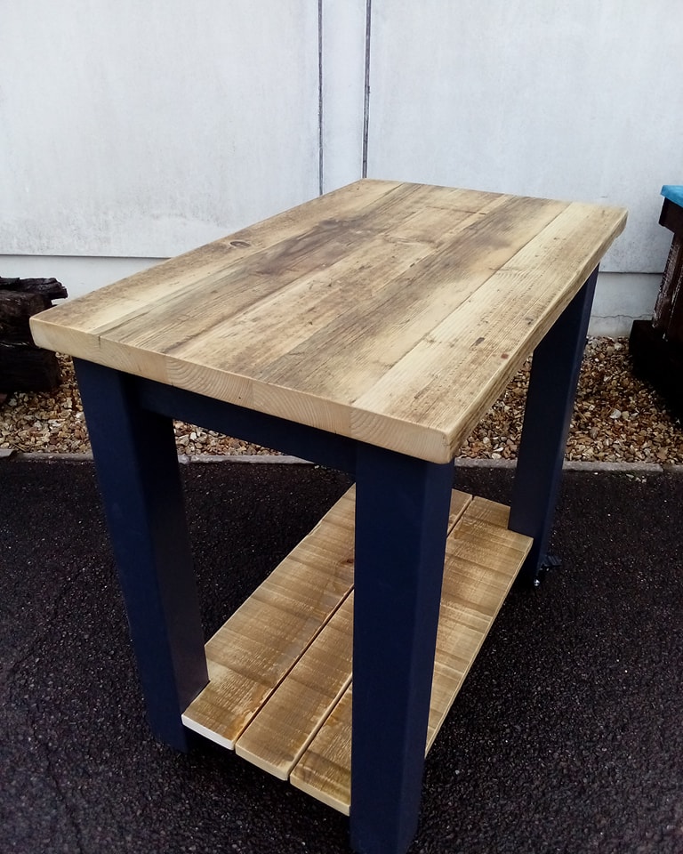 A made to measure kitchen island on casters! Hand painted and finished with food safe top oil! #reclaimedwood #bespoke