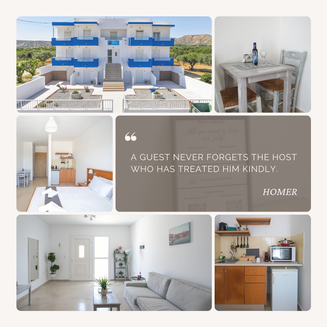 In the words of Homer, 'A guest never forgets the host who had treated him kindly.' At Pittas Studios, we make sure your stay is memorable and filled with genuine Greek hospitality. 🏛️
👉Book your stay now and get 15% off on all direct bookings through our website: www.pittasstudios.com
Οr send a message on WhatsApp (+30)6942428836
.
.
#kos #greece #summer24 #summervacations #hotelskos #airbnb #bookingcom #engineering #traveloffers #offers #greekisland #visitkos #2024summer #traveltogreece #StudioVibes #PittasStudios #Hospitality #KosIsland