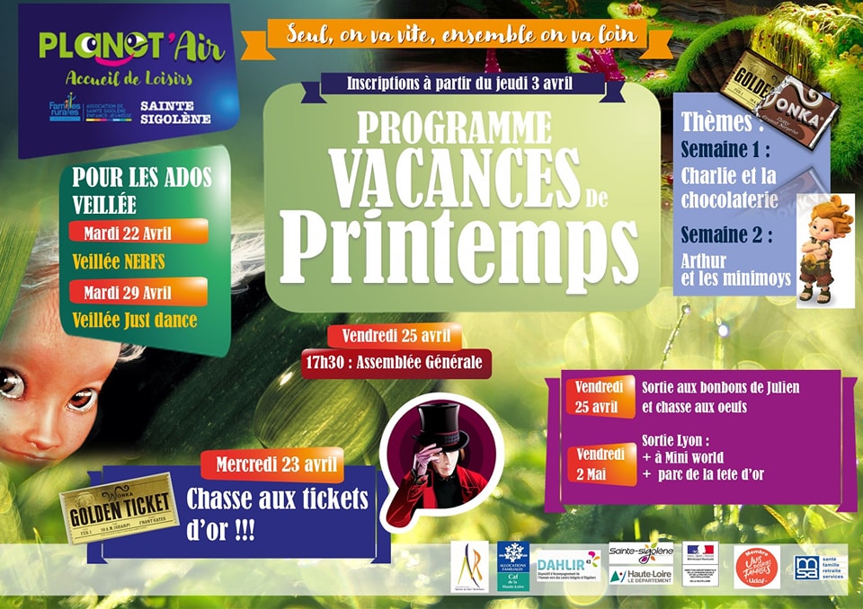 Voici le programme des vacances de printemps.
Toute l' équipe de Planét'air vous attend pour partir à la rencontre de Charlie et la chocolaterie