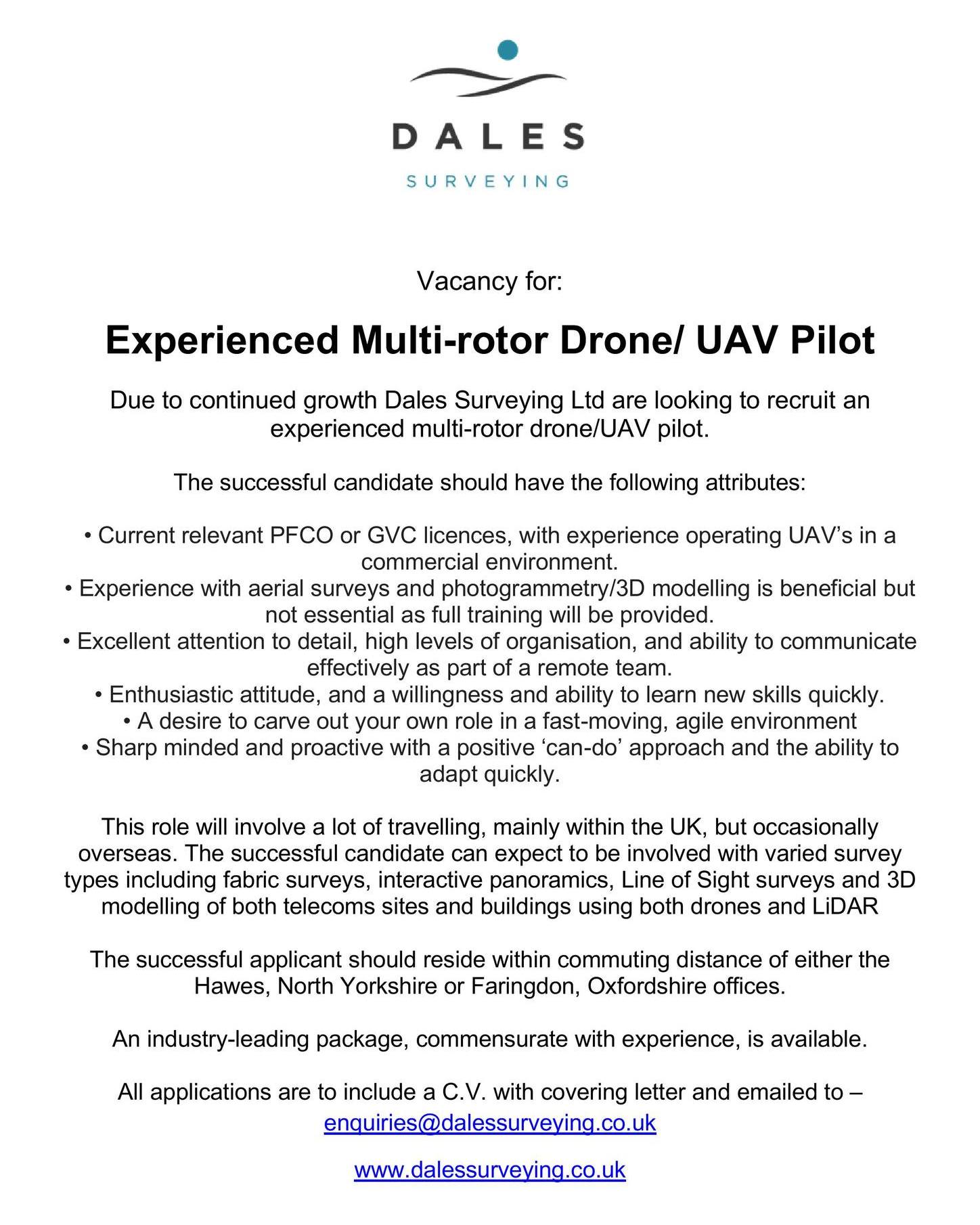 ✨Job Opportunity - Experienced Drone/UAV Pilot✨
We are currently recruiting.
📍Hawes, North Yorkshire or Faringdon, Oxfordshire.
Find out more 👇
www.dalessurveying.co.uk or email enquiries@dalessurveying.co.uk