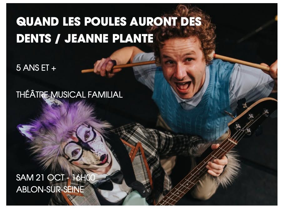 Jeanne Plante - Spectacle Jeune Public - Quand les poules auront des dents au FestiVal de Marne le 21 octobre 😍😍😍
En duo avec Jérémie Pontier dans une mise en scène de Patrice Thibaud
Prod VicVictorie Musicoking Antoine Dondon
+ d'info sur https://festivaldemarne.org
#jeanneplante #chansonfrancaise #chansonspourenfants #musiquepourenfants #laSacemSoutient #contemusical #livredisque #expressionsfrançaises #veganlife #carnivore #amoureux #amitie #debat #auteurcompositeurinterprete #chienloup #histoirepourenfant #contemusical