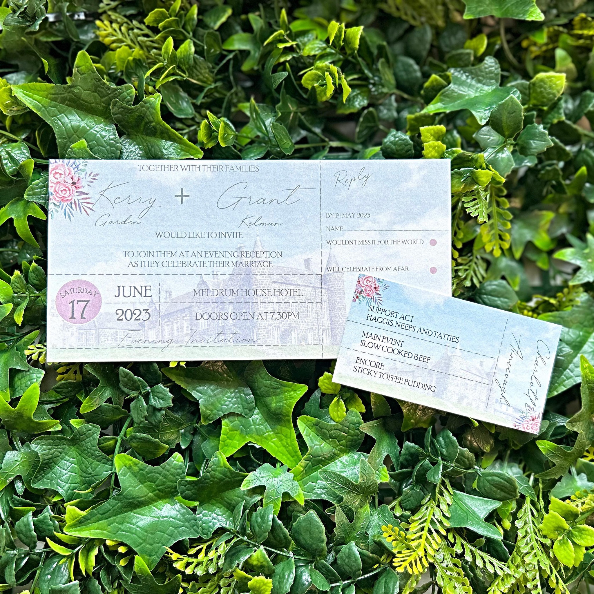 Congratulations to Kerry & Grant who were married at Meldrum House Country Hotel & Golf Course and chose a festival theme for their wedding stationery with a pastel floral twist, featuring the venue. Their invitations were designed to look like tickets in keeping with their theme.
#yourwedding #diyweddings #weddingideas #weddingplanning #diyweddinginvitations #handmadestationery #prettystationery #scottishweddingsupplier #modernweddingstationery #wedding #yourweddingyourway #invitations #weddingmenu #bridetobe #diywedding #2024wedding #stationerysupplier #yourweddingday #tablestationery #placecards #diyweddingideas #venuedrawing #menus #dayinvitation #eveninginvitation #savethedate #orderoftheday #placecard #tableplan #seatingplan