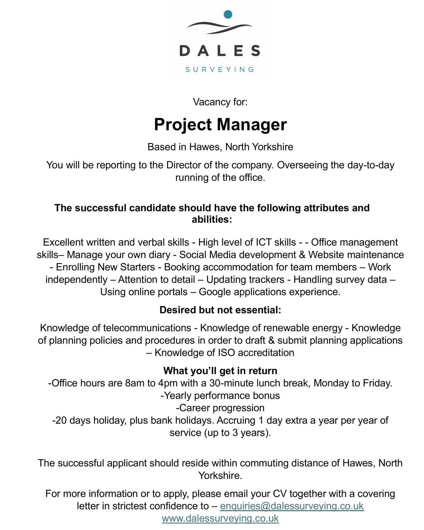 ✨Job Opportunity - Project Manager✨
We are currently recruiting.
📍Hawes, North Yorkshire.
Find out more 👇
www.dalessurveying.co.uk or email enquiries@dalessurveying.co.uk
