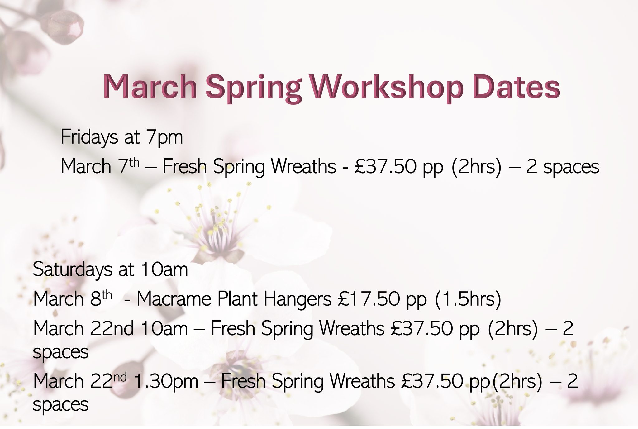 MARCH WORKSHOP UPDATE
I have updated the poster with the spaces available for the march workshops.
If you would like to book a space please let me know