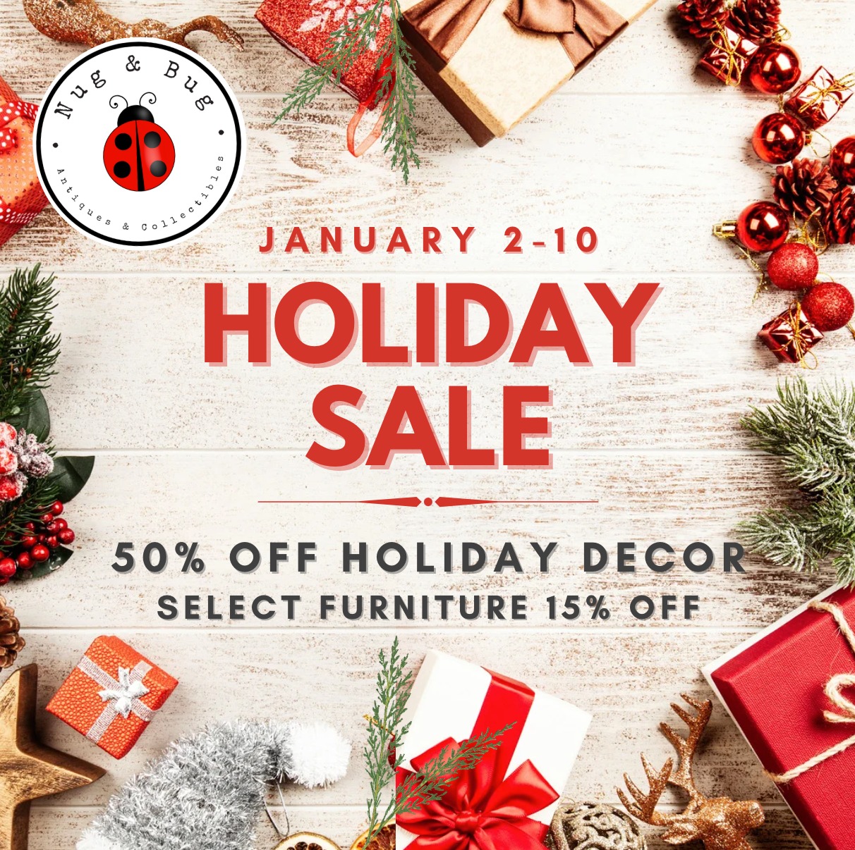 ๐โจ Ring in the New Year with HUGE savings at Nug & Bug! โจ๐
.
Enjoy up to 50% OFF holiday decor during our Post-Holiday Sale from January 2nd to January 10th. Plus 15% off select furniture! ๐ Don't miss out on snagging your favorite finds at unbeatable prices.
.
๐
Mark your calendars & start 2025 in style. Shop now and save BIG! ๐ธ
.
.
#antique #furniture #furnitureflip #reclaimed #collectible #jewelry #instagood #love #verabradley #connecticut #boutique #rarefinds #NugAndBugAntiques #MarlboroughCT #HolidayMemories #ShopLocal #VintageChristmas