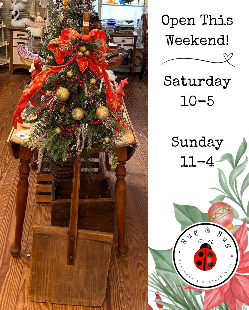๐โจ Bring rustic charm to your holiday decor! This antique wooden shovel, beautifully hand-decorated with festive greenery, glittering gold ornaments, pinecones, and a vibrant red bow, makes the perfect centerpiece or statement piece for your home. ๐ชตโ๏ธ
.
Give your space a touch of history with this one-of-a-kind creation!
Available nowโvisit us in-store or send us a message for details. โค๏ธ๐
.
.
#antique #furniture #furnitureflip #reclaimed #collectible #jewelry #instagood #love #verabradley #connecticut #boutique #rarefinds #NugAndBugAntiques #MarlboroughCT #HolidayMemories #ShopLocal #VintageChristmas