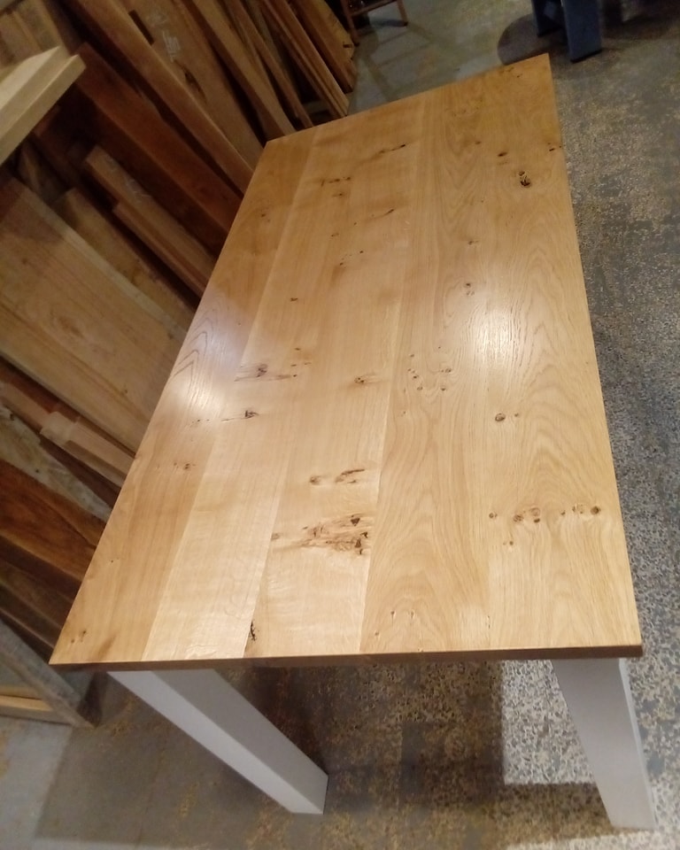 Another gorgeous oak table top with legs painted in paper white! #handmade #furnituremaker #shoplocal