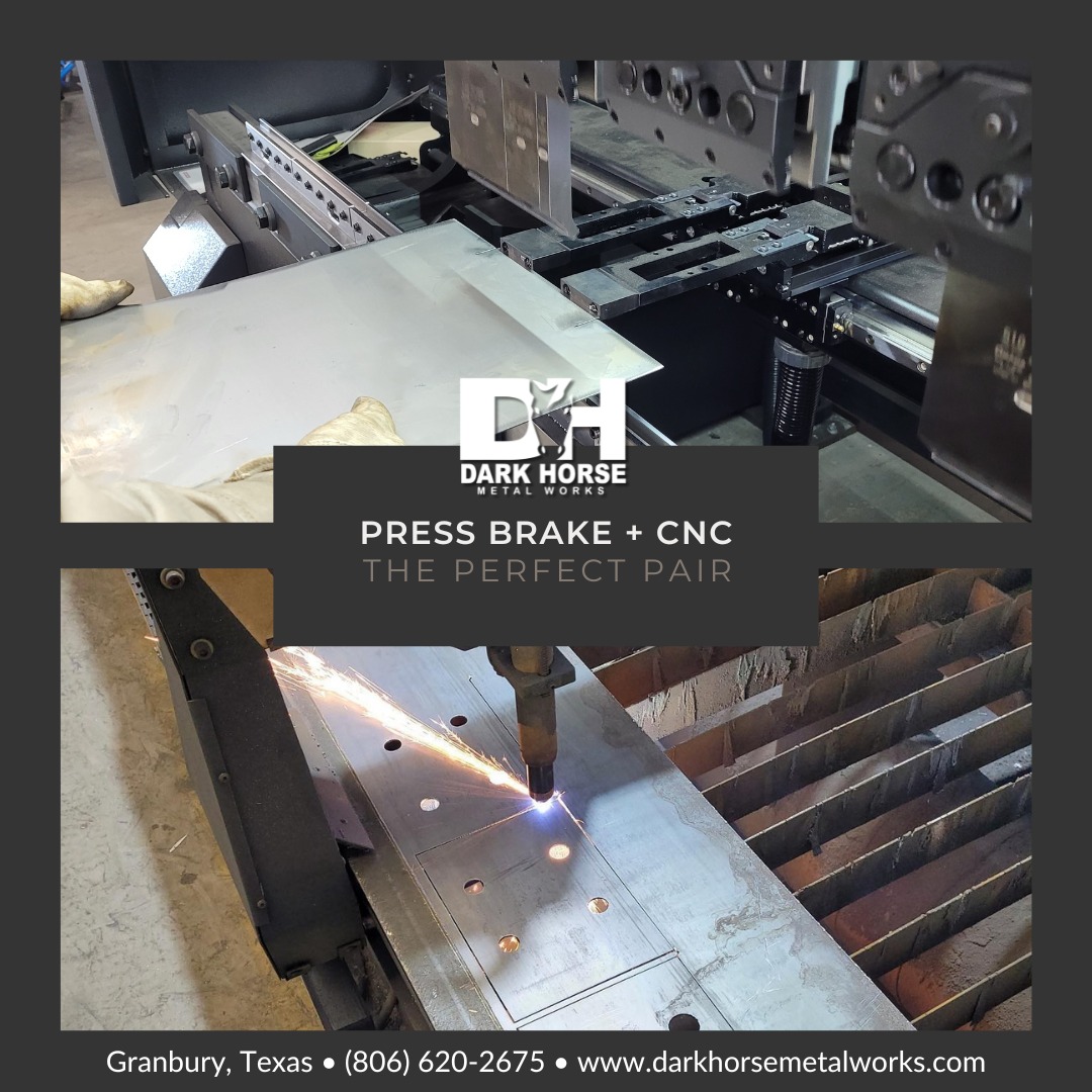Meet the custom fabrication power couple!
----------
The combination of the hydraulic press brake and the CNC plasma cutter can work together to build precision parts, ensure unique specifications for custom components, fabricate exact metal pieces, and more. From transportation & logistics industries to oil & gas. Our team and welding shop in Granbury, TX is fully equipped and highly experienced in helping commercial and industrial companies fabricate the parts, pieces, and components they need for their operations. Learn more at www.darkhorsemetalworks.com
#pressbrakemachine #cncplasmacutting #weldingandfabrication #supportyourlocalwelder #texaswelders #granburytx