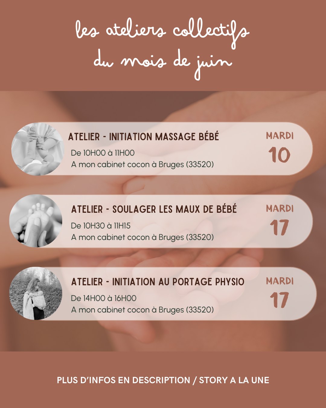 Ateliers collectifs du mois de Juin à Bruges 🌿❤
🌼 Mardi 10 à 10H00 : initiation massage bébé (35€)
Atelier destiné aux bébés entre 0 et 18 mois, après une introduction relaxante, vous apprendrez à masser les jambes et les pieds de votre bébé.
🌼 Mardi 17 à 10H30 : soulager les maux de bébé (30€)
Au programme : notions de réflexologie plantaires ainsi que des massages destinés à venir soulager les maux, tels que les maux de ventre, les petits rhumes, et les douleurs dentaires.
🌼 Mardi 17 à 14H00 : initiation au portage physiologique (50€)
Idéal pour découvrir les notions de portage et ainsi pratiquer, apprendre un ou deux nouages en écharpe puis définir le moyen de portage qui vous correspond le mieux, de pouvoir porter votre tout-petit de manière optimale.
Alors si tu as de créer du lien, passer un bon moment avec d'autres (futurs) parents dans un lieu chaleureux, rejoins-nous à un ou plusieurs ateliers 🥰
Places limitées.
Pour réserver un atelier : en MP, ou cliquer sur le lien en BIO ou en story à la une.