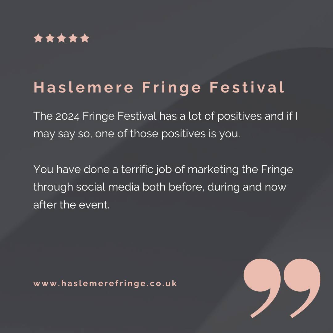 This year we had the privilege in supporting the @haslemerefringefestival a local not-for-profit charity and community event with their social media and promotional marketing.
Creating a curated content plan, designing assets and scheduling posts between February and July, we achieved an increase in engagement and followers to their social media accounts.
Thank you to Ken and Karen for the kind testimonial and the amazing opportunity, we look forward to supporting with the next event đ¸đđ¸
#CommunityEngagement #communityevent #community #Haslemere #haslemere #haslemerelife #haslemerebusiness #haslemerelife #surreyevents #socialmediamanager #socialmediamarketing #socialmediamanagement
