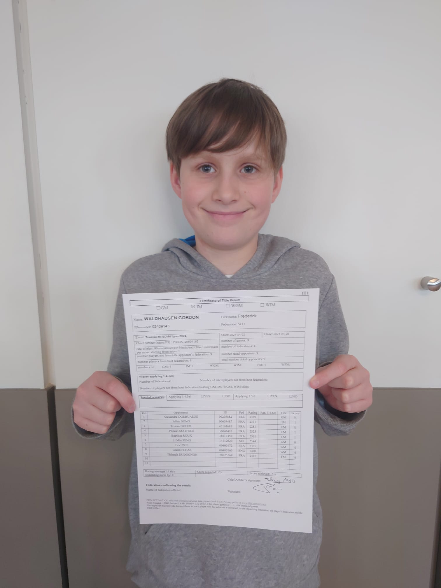 We are really proud of FP Frederick Waldhausen Gordon who has been lighting up the international chess circuit! โ Last year, he became a Fide Master at the age of 12 and he has not stopped there. He followed this up by achieving three International Master norms. ๐๐๐The final hurdle is to now get his international rating to 2400 and he will become an International Master (IM). We know he can do it! โญ Here he is with his final IM norm achieved at a tournament in Lyon: