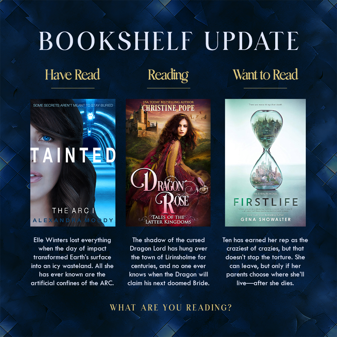 Bookshelf update!
Tainted by Alexandra Moody was my latest read. From the first chapter, I was quickly immersed in Elle Winters' harsh reality, thanks to the author's skill in delivering essential world-building and character introductions in a way that felt both natural and engaging. The book has a lot to offer, particularly for younger readers who enjoy a slower-paced sci-fi with a focus on relationships over action.
Currently, I'm reading Dragon Rose by Christine Pope. I’ve been getting through this quite slowly, but that’s mostly because I keep getting distracted by writing when I should be reading! In the story, Rhianne Menyon has dreams of being a painter, but her world changes forever when a single moment of sacrifice brings her to Black's Keep as the Dragon's latest Bride. A little Hunger Games here, a little Beauty and the Beast there. The author has a wonderful way with words suited to the setting, and I’m excited to see where the story will take Rhianne.
Firstlife by Gena Showalter actually popped up on a Google images search when I was looking for cover-design inspiration earlier this month. Safe to say, the cover on this one worked like a charm on this reader! I immediately looked it up and, after reading the book description, added it to my TBR shelf.
What are you reading?
#writingmood #noveleditor #indiesareworthit #amwriting #writingmotivation #instawrimo #writersblock #freelanceeditor #writinglife #bookeditor #aspiringauthor #writingtips #writingadvice #amediting #writerscommunity #amreading
