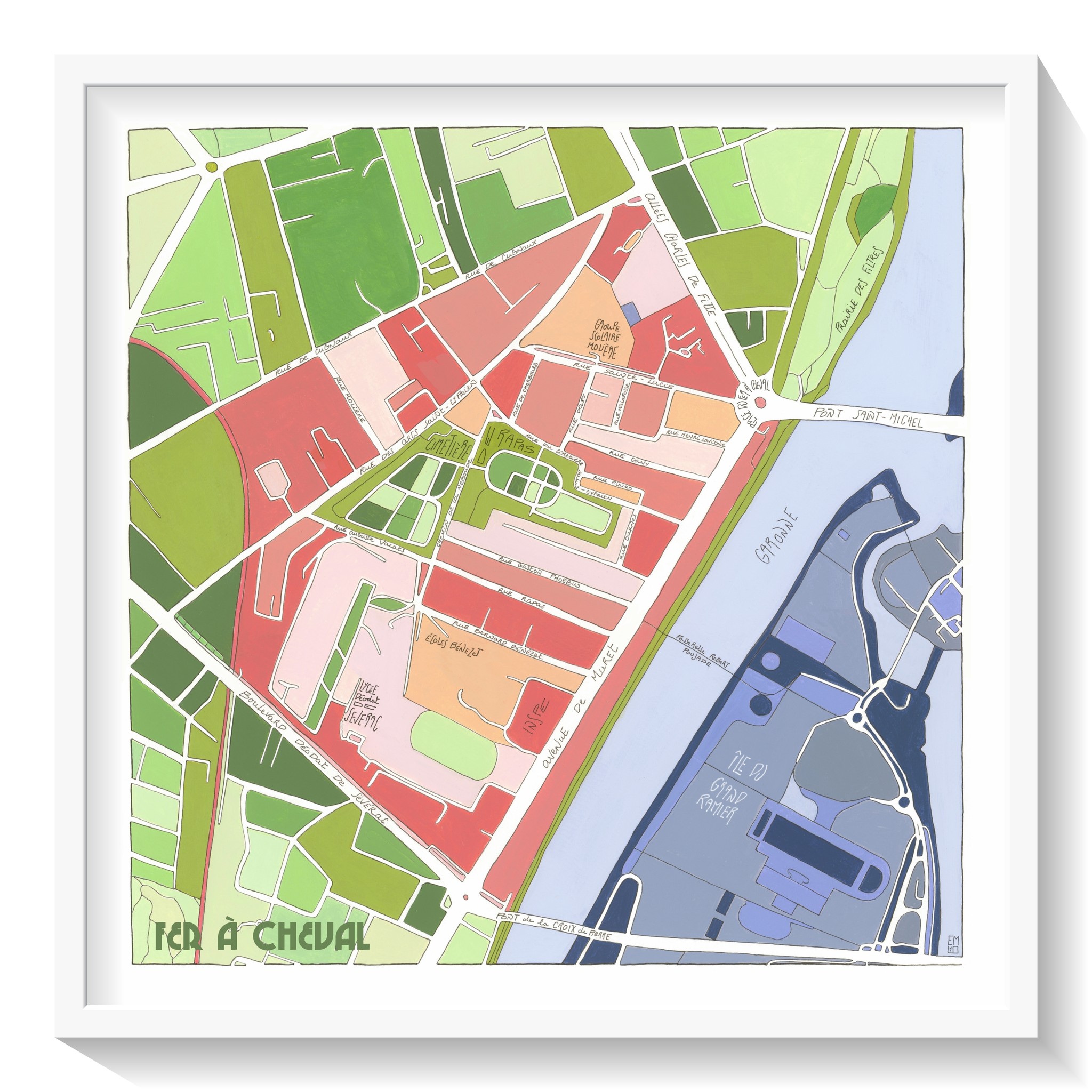 ✨Fer à Cheval, TOULOUSE 🐴
Un nouveau quartier de Toulouse à découvrir sur la boutique en ligne ! Situé sur la rive gauche de la Garonne, le Fer à Cheval a pris le nom de la Place qui borde le Rond point des Catalans...en raison de sa forme !
👉 Petit point historique : La rue des Arcs-Saint-Cyprien fait référence à l'acqueduc de Lardenne, datant du 1er siècle et qui se situait en réalité le long de la rue de Cugnaux.
👉 Merci à l'agence immobilière @urbia.immobilier pour cette commande aux couleurs personnalisées, qui me permet de proposer cette peinture en impressions sur papier, mug, carte postale et bientôt magnet 🩷💙💚
Vous pourrez voir l'original chez URBIA, 302 av. de Muret, TOULOUSE
📷 Original encre et gouache. Impressions jet d'encre sur papier Beaux-Arts 200g
#feracheval #quartiertoulouse #toulouse #toulousefr #toulousemaville #toulousecity #affichetoulouse #affiches #affichedesign #affichepersonnalisee #affichespersonnalisées #afficheplandeville #map #mapping #mapart #mapartwork #mapartist #illustrationart #illustrations #illustrationart #agenceimmo #agenceimmobiliere #decoagence #decomurale#affichestourisme #architectedinterieur