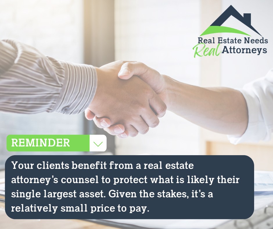 Real Estate Brokers: While some of your clients may be tempted to navigate the real estate process without legal counsel, the reality is most transactions include complexities that are best addressed by a knowledgeable real estate attorney. #RealEstateBrokers #IllinoisRealEstate #ClientProtection