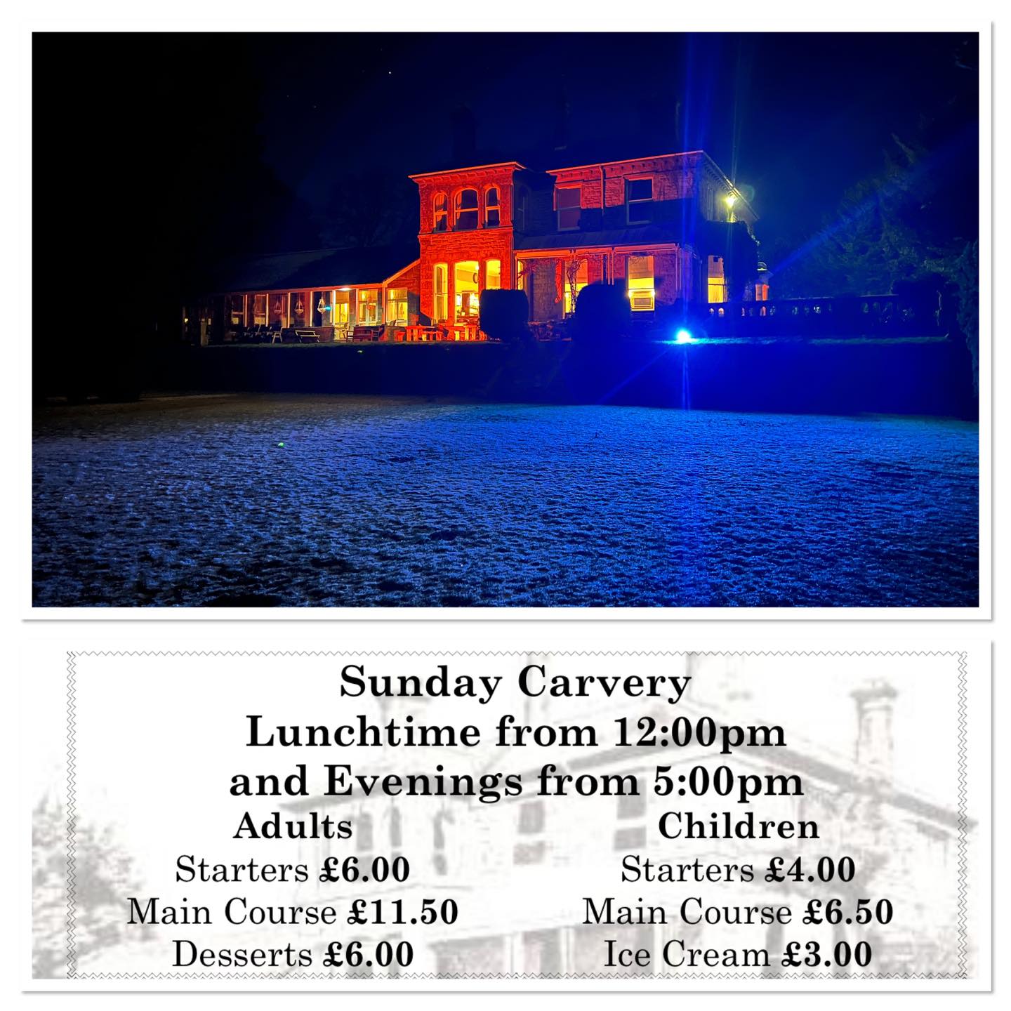 SUNDAY CARVERY
serving this Afternoon from 12pm and Evening from 5pm
Takeaways available
Call or message to book now
01900 824400
