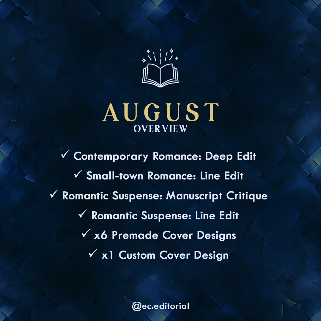 August has absolutely flown by—wow! This month, I've been diving into a whirlwind of romance ❤️ From steamy contemporary office flings to heartwarming small-town tales and suspenseful love stories where danger lurks, it’s been awesome exploring so many facets of the genre 📚
On a personal note, I'm thrilled to share that Book 2 of my urban fantasy trilogy is with its second round of beta readers while I'm forging ahead with Book 3. The journey is getting real—I’ve booked my cover designer and am aiming for a mid-2025 release! ✨
Plus, don't miss out on my clearance sale! I'm making room for fresh designs in my store, which means most of my premade covers are up to 50% off, starting at just $55. It’s a perfect chance to grab a stunning cover design at a fantastic price 🎨📖
#bookeditor #entrepreneur #amediting #freelanceeditor #editor #workfromhome #noveleditor #indieauthor #businessowner #indiesareworthit #freelancer #freelance #indieauthorsofinstagram #aspiringauthor