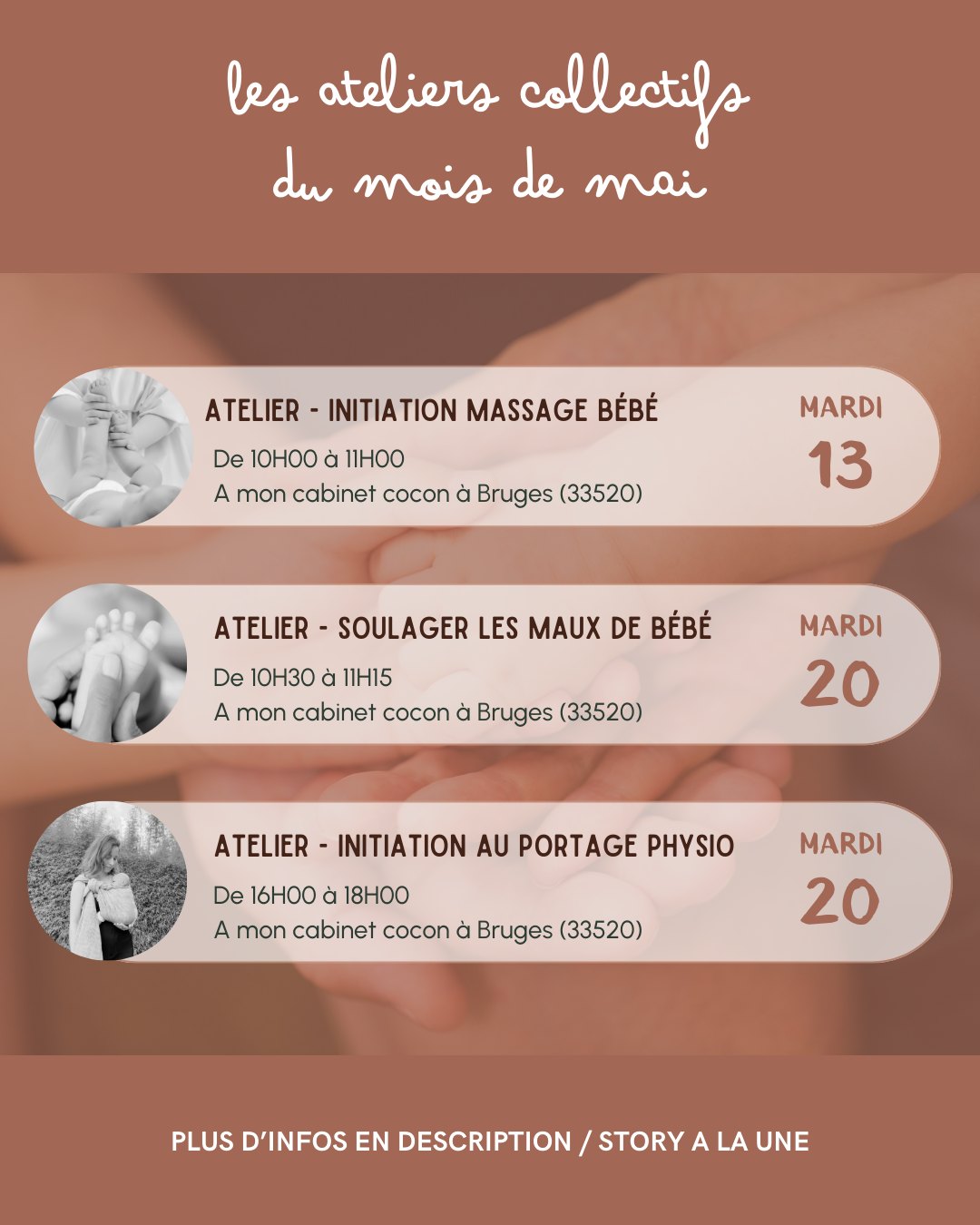 Ateliers collectifs du mois de Mai à Bruges 🌿❤
🌼 Mardi 13 à 10H00 : initiation massage bébé (35€)
Atelier destiné aux bébés entre 0 et 18 mois, après une introduction relaxante, vous apprendrez à masser les jambes et les pieds de votre bébé.
🌼 Mardi 20 à 10H30 : soulager les maux de bébé (30€)
Au programme : notions de réflexologie plantaires ainsi que des massages destinés à venir soulager les maux, tels que les maux de ventre, les petits rhumes, et les douleurs dentaires.
🌼 Mardi 20 à 16H00 : initiation au portage physiologique (50€)
Idéal pour découvrir les notions de portage et ainsi pratiquer, apprendre un ou deux nouages en écharpe puis définir le moyen de portage qui vous correspond le mieux, de pouvoir porter votre tout-petit de manière optimale.
Alors si tu as de créer du lien, passer un bon moment avec d'autres (futurs) parents dans un lieu chaleureux, rejoins-nous à un ou plusieurs ateliers 🥰
Places limitées.
Pour réserver un atelier : en MP, ou cliquer sur le lien en BIO ou en story à la une.