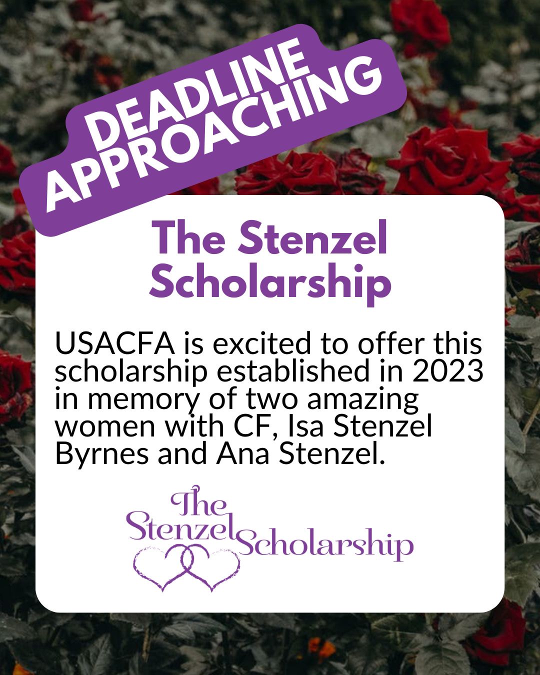 ➡ Mark your calendars! The deadline for the Stenzel Scholarship is March 30, 2025.
➡ The Stenzel Scholarship was created to honor Isa Stenzel Byrnes and Ana Stenzel. Isa was a licensed social worker and had a Master’s of Public Health. She imparted her wisdom to CF Roundtable readers for 17 years in her CF Roundtable column, “Spirit Medicine.” Ana Stenzel was Isa’s twin sister. Ana was a genetic counselor at Stanford hospital for 16 years. Isa and Ana dedicated their lives to helping others. They provided education, hope and comfort to thousands of people throughout their lives. They showed the world that people with CF could find meaning in their lives by making a difference in the lives of others.
➡ Visit the link below to learn about this scholarship and others offered by USACFA. Visit our website to learn more about this scholarship. While you are there, browse our other scholarships.
➡www.cfroundtable.com/scholarships (Link in bio.)
➡ Tag your friends that might be interested and be sure to share this post to your stories.
➡ Please comment or DM us with any questions you may have. It is our pleasure and honor to offer this scholarship in honor of two amazing women.
#CysticFibrosis #CFCommunity #CFIRL #ScholarshipOpportunity #collegescholarship