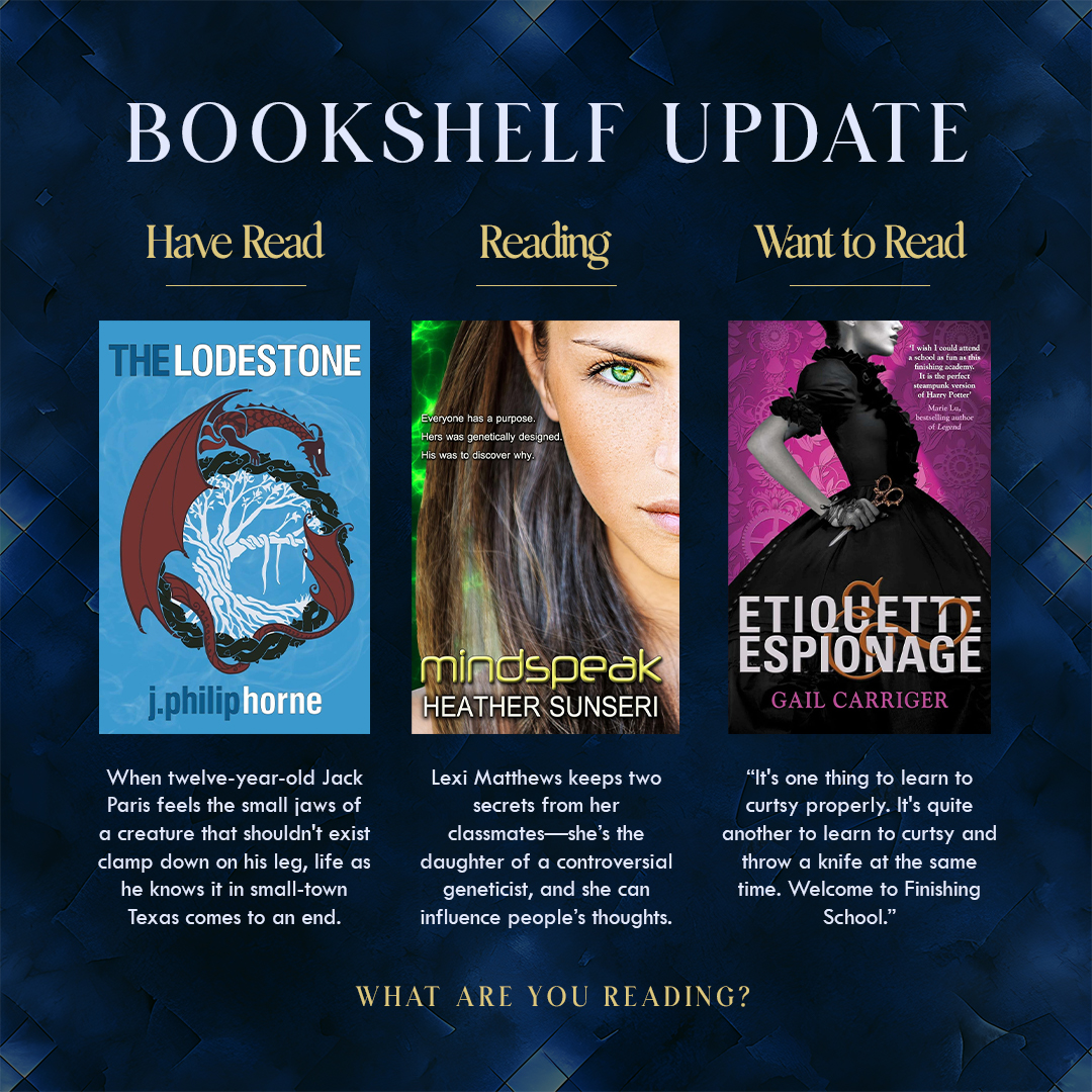The Lodestone by J. Philip Horne is latest read. The book has a lot to offer, particularly for younger readers who enjoy fast-paced fantasy adventures. The world that Horne has created is intriguing and full of potential, and his clear, accessible writing style makes this a good entry point for readers new to the genre.
Recently, I started Mindspeak by Heather Sunseri. In the story, seventeen-year-old Lexi Matthews is the daughter of a controversial geneticist, and she can influence people’s thoughts. After reading so much fantasy back to back, I’m excited to dive into to some soft science fiction.
“It's one thing to learn to curtsy properly. It's quite another to learn to curtsy and throw a knife at the same time. Welcome to Finishing School.” Etiquette & Espionage by Gail Carriger popped up on my Goodreads one day a little while back, and the first line of the blurb absolutely hooked me. I can’t wait to get round to this one!
What are you reading?
#editor #aspiringauthor #amediting #workfromhome #freelance #freelanceeditor #freelancer #businessowner #indiesareworthit #indieauthor #indieauthorsofinstagram #noveleditor #bookeditor #entrepreneur
