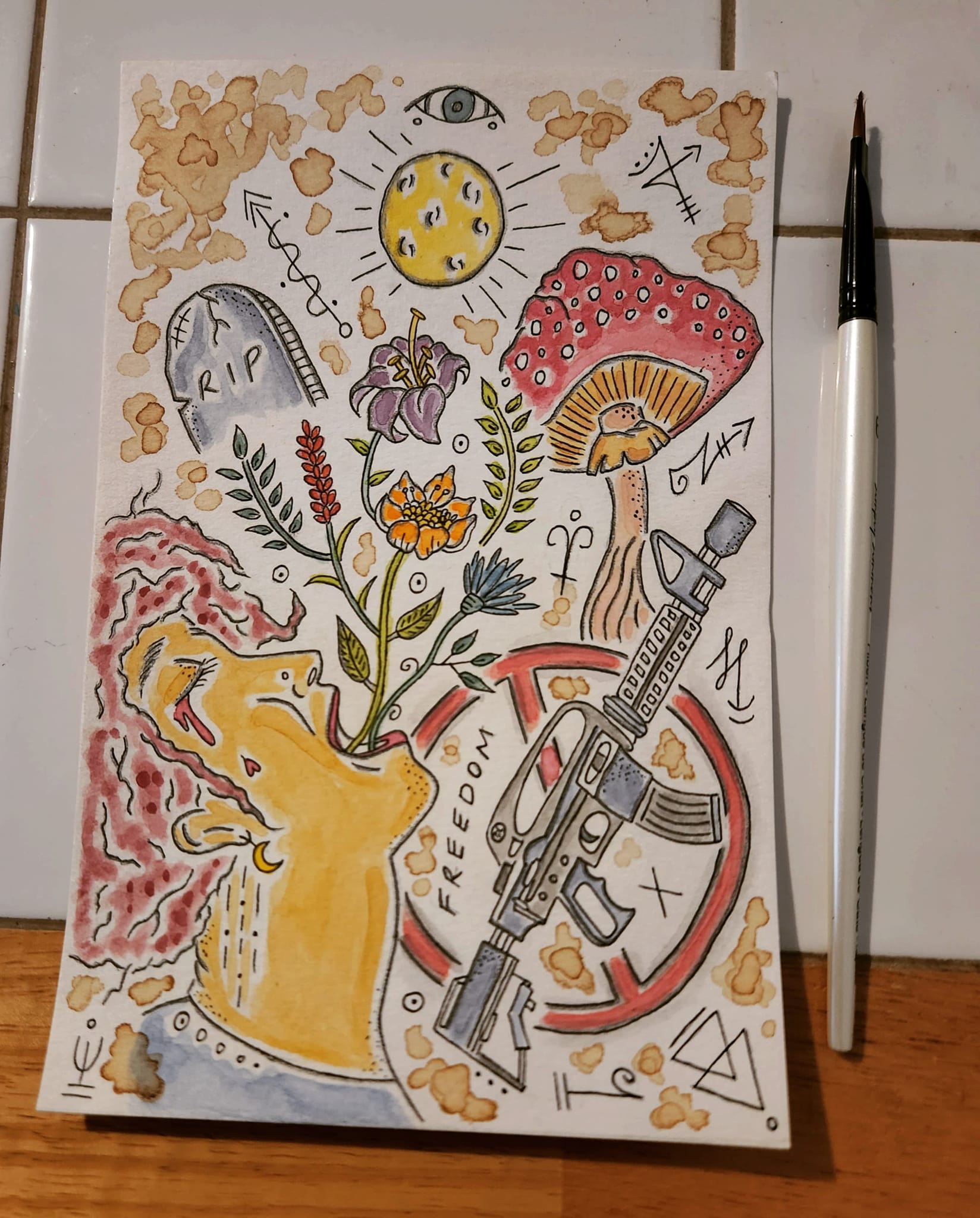 I've been sitting with this sketch for weeks now... Latest statistic: "Over 70% of mass shootings in developed countries happen in the US." I will never understand the violence. Art piece titled, "American Freedom Rains." 💔🎨 #TheQuarantineChronicles #art #staining #drawing #sketch #doodle #sketchbook #sketching #watercolor #artwork #artistsoninstagram