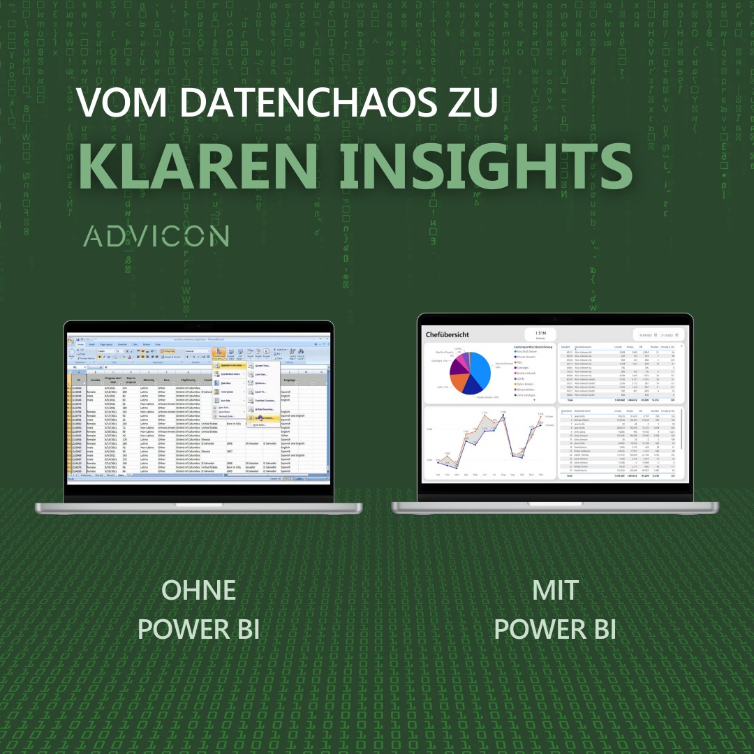 Chaos war gestern – heute zählt Klarheit! Mit der DATEV-Power-BI-Schnittstelle bringen wir Ordnung in eure Datenwelt. 🚀 Klar. Visuell. Effizient.
Kennst du das? Endlose Tabellen, unübersichtliche Daten, und irgendwann verliert jeder den Überblick. 🤯
Mit der DATEV-Power-BI-Schnittstelle machst du Schluss mit Datenchaos:
✔ Automatisierte Aktualisierung – immer die richtigen Daten.
✔ Klare, visuelle Dashboards für sofortige Insights.
✔ Mehr Effizienz und Zeit für die wirklich wichtigen Aufgaben.
🌟 Ohne Datenchaos, dafür mit Klarheit: Bist du bereit für die Power-BI-Welt? 🚀
👉 Egal ob Unternehmer oder Steuerberater - schreib uns für eine Demo und erfahre, wie einfach datenbasierte Entscheidungen werden können!
#Advicon #PowerBI #Datenanalyse